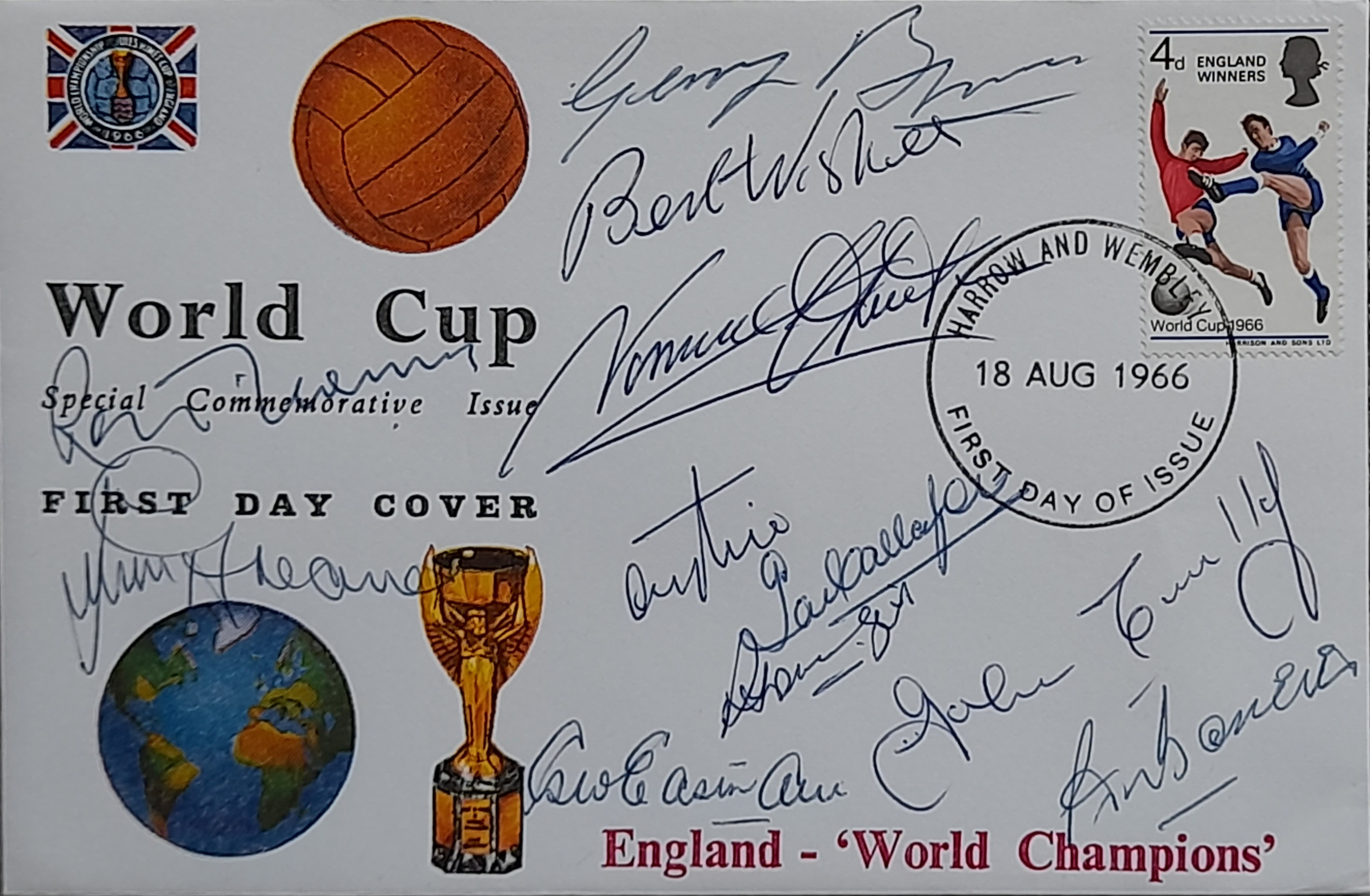 ENGLAND 1966 WORLD CUP RARE REMBRANDT POSTAL COVER AUTOGRAPHED BY 10 OF THE ENGLAND SQUAD