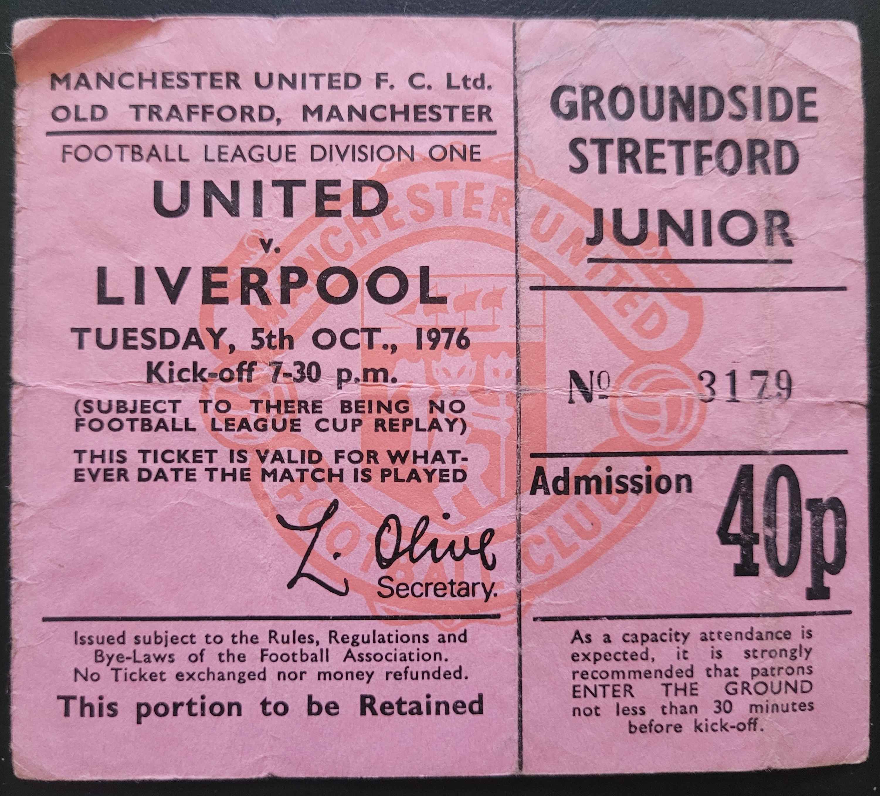 1976-77 MANCHESTER UNITED V LIVERPOOL TICKET