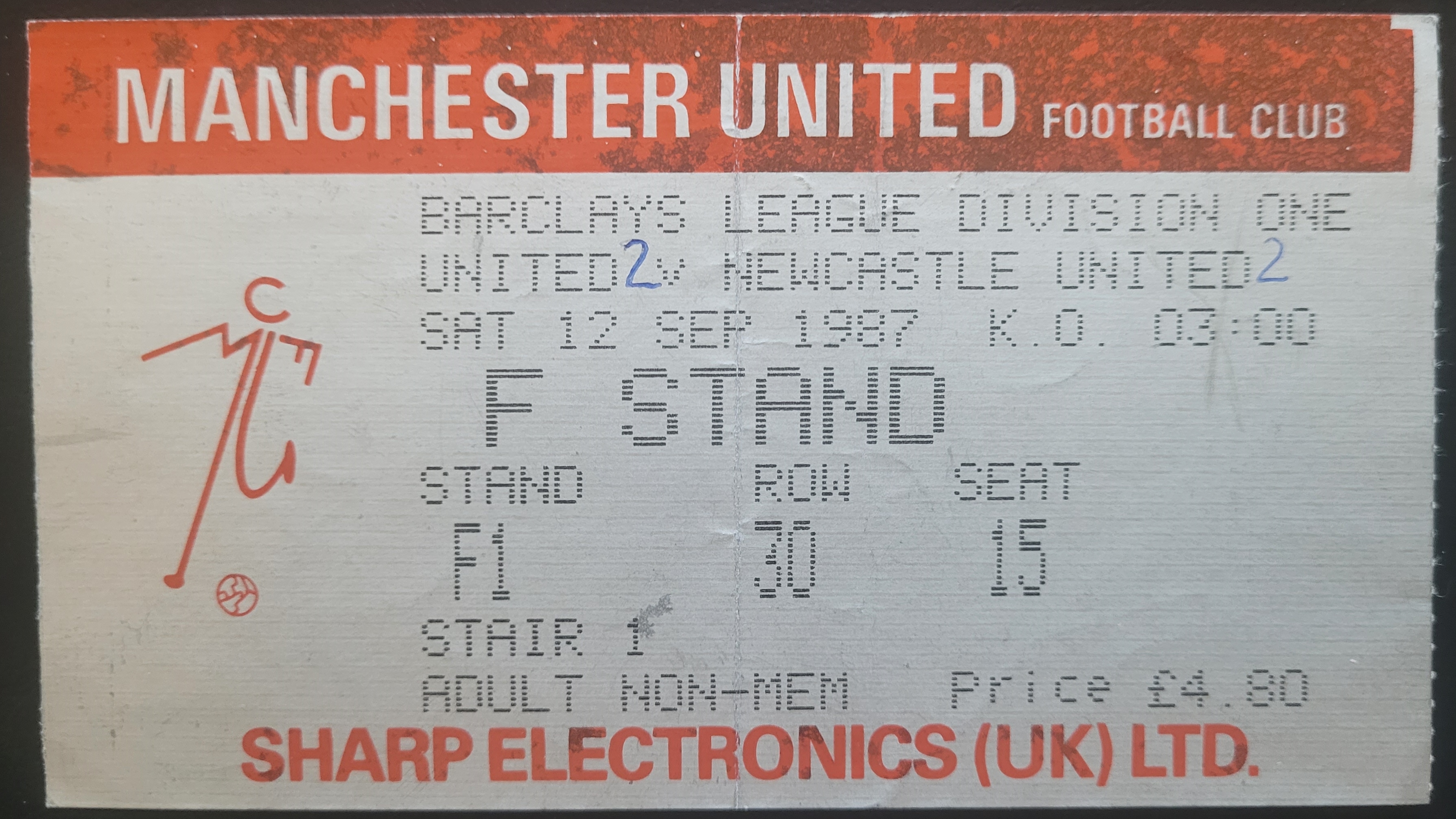 1987-88 MANCHESTER UNITED V NEWCASTLE UNITED TICKET