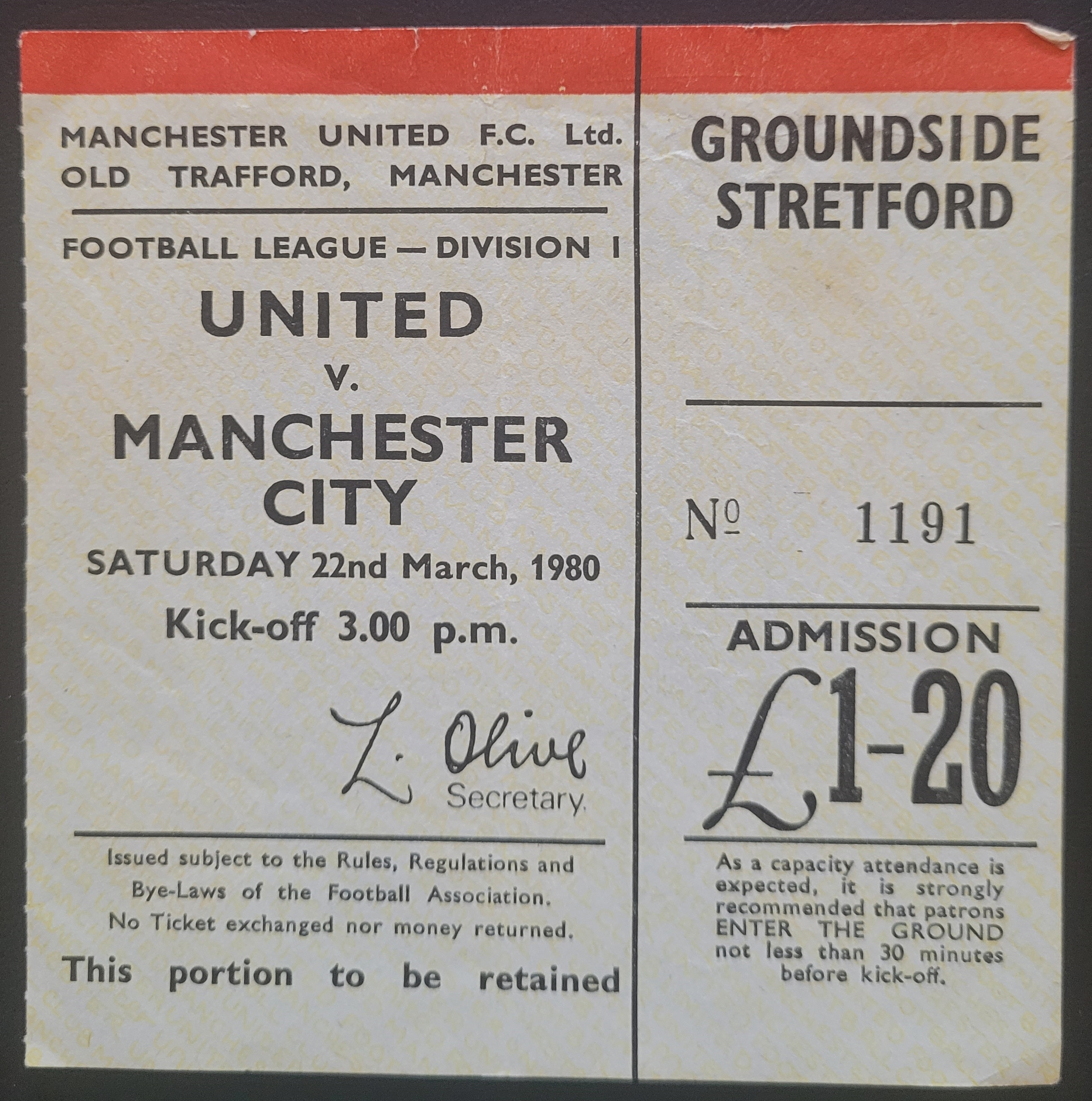 1979-80 MANCHESTER UNITED V MANCHESTER CITY TICKET