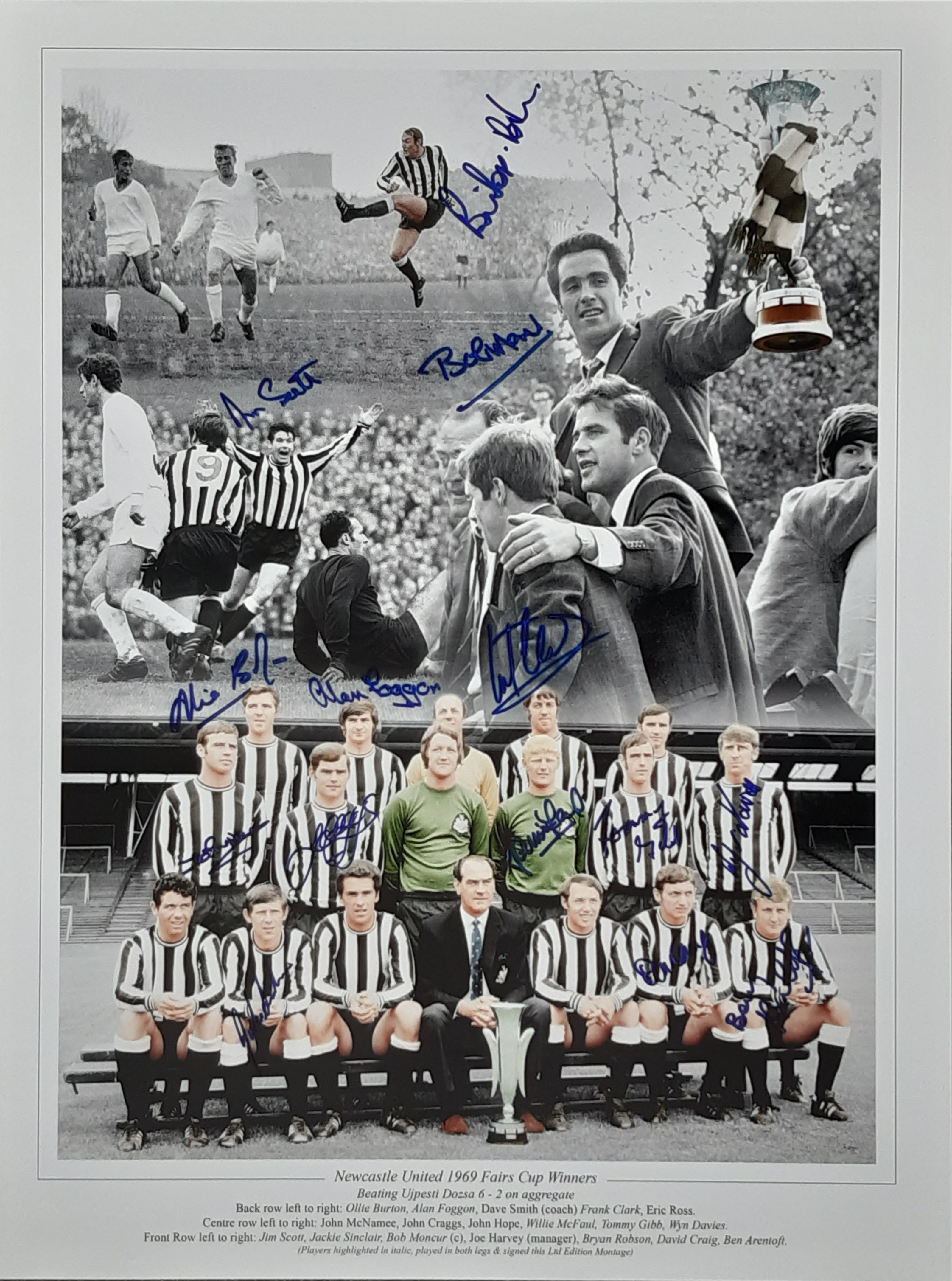 NEWCASTLE UNITED AUTOGRAPHED 1969 FAIRS CUP WINNERS MONTAGE