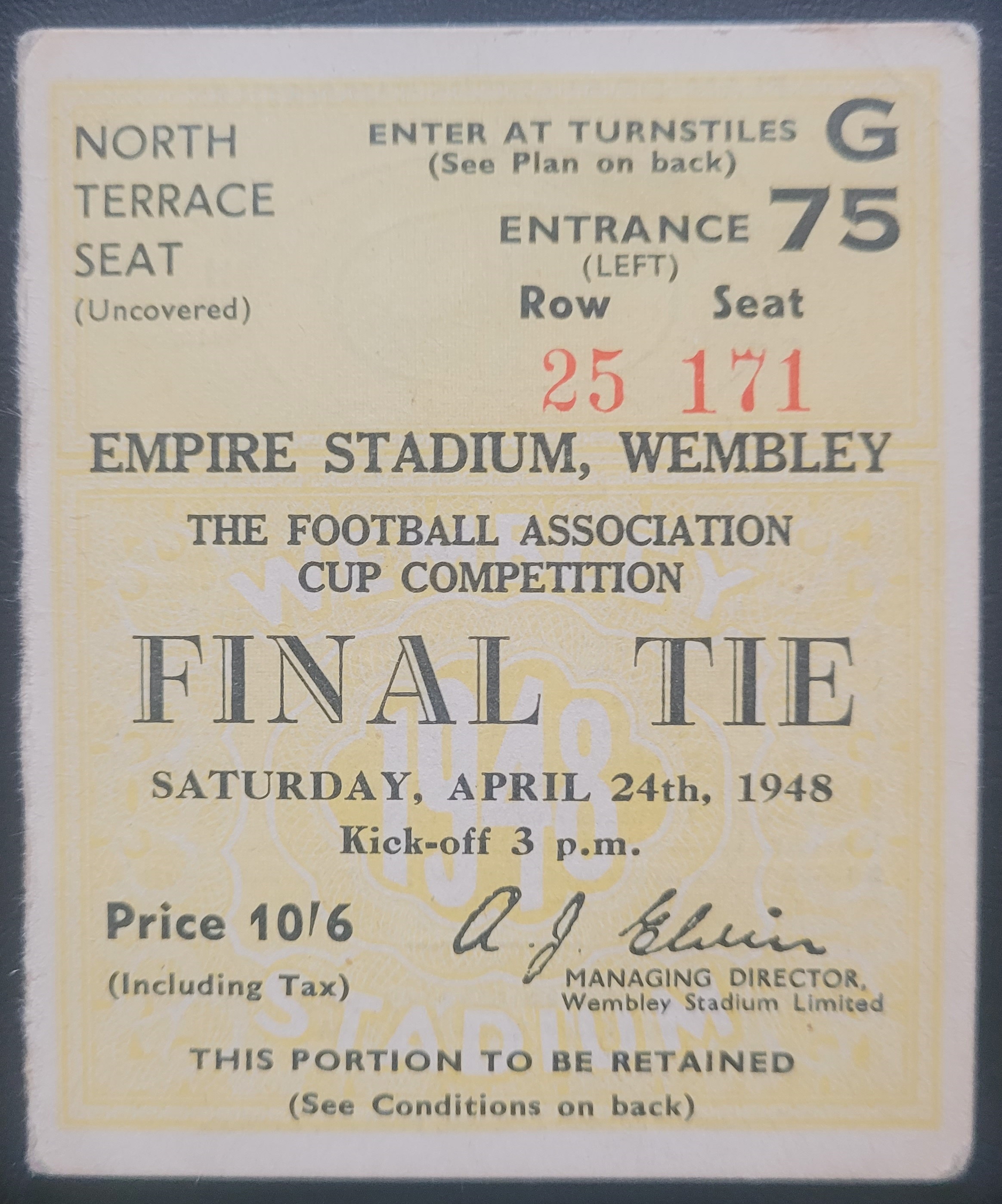 1948 MANCHESTER UNITED V BLACKPOOL FA CUP FINAL TICKET