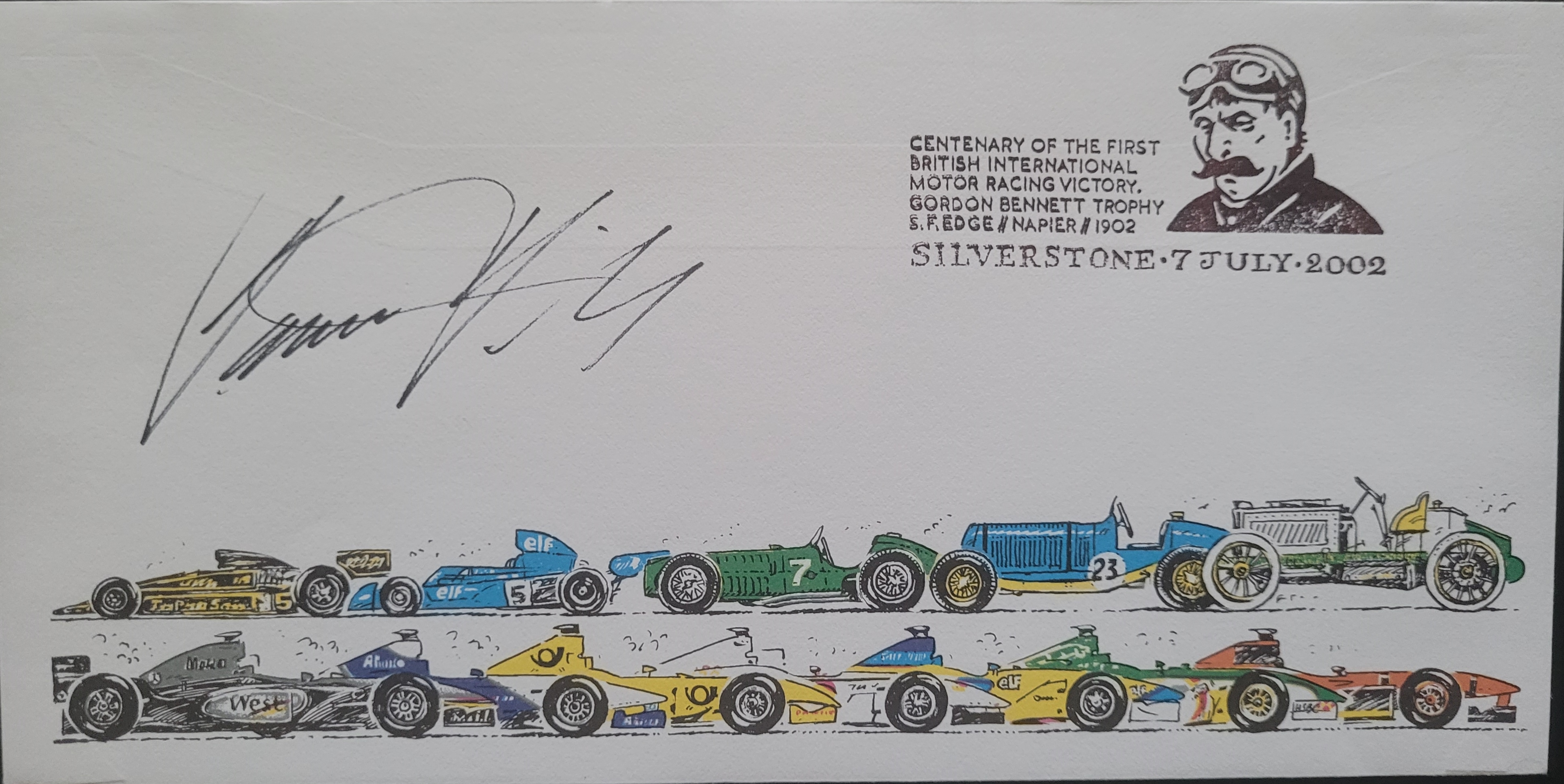 2002 SLVERSTONE MOTOR RACING LTD EDITION POSTAL COVER AUTOGRAPHED BY DAMON HILL