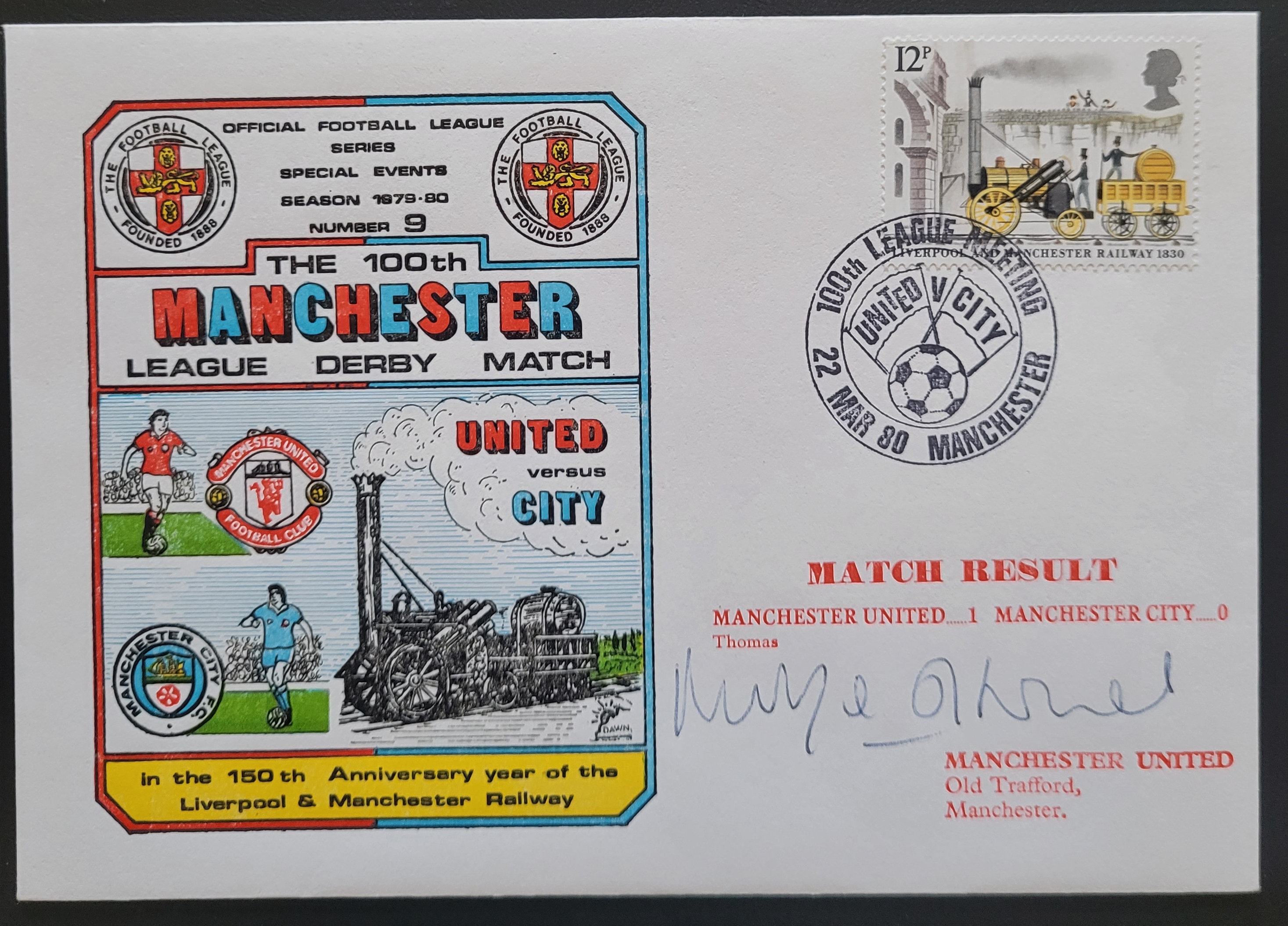 1980 MANCHESTER UNITED V MANCHESTER CITY LTD EDITION POSTAL COVER SIGNED BY MICKEY THOMAS