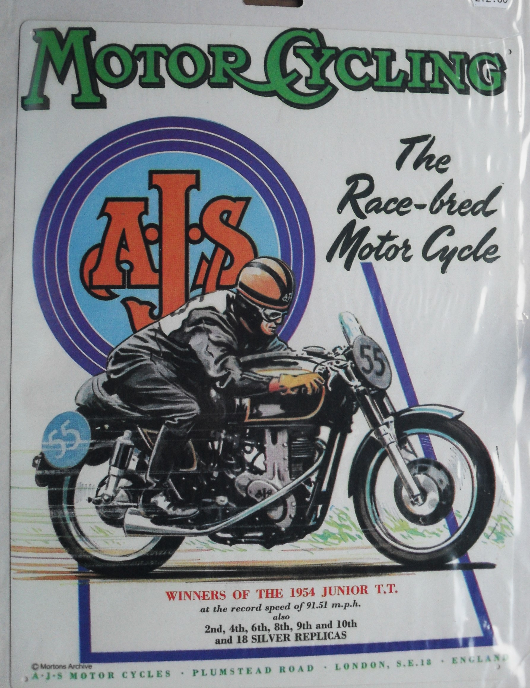 MOTORCYCLE - AJS ISLE OF MAN TT VERY LARGE METAL WALL PLAQUE