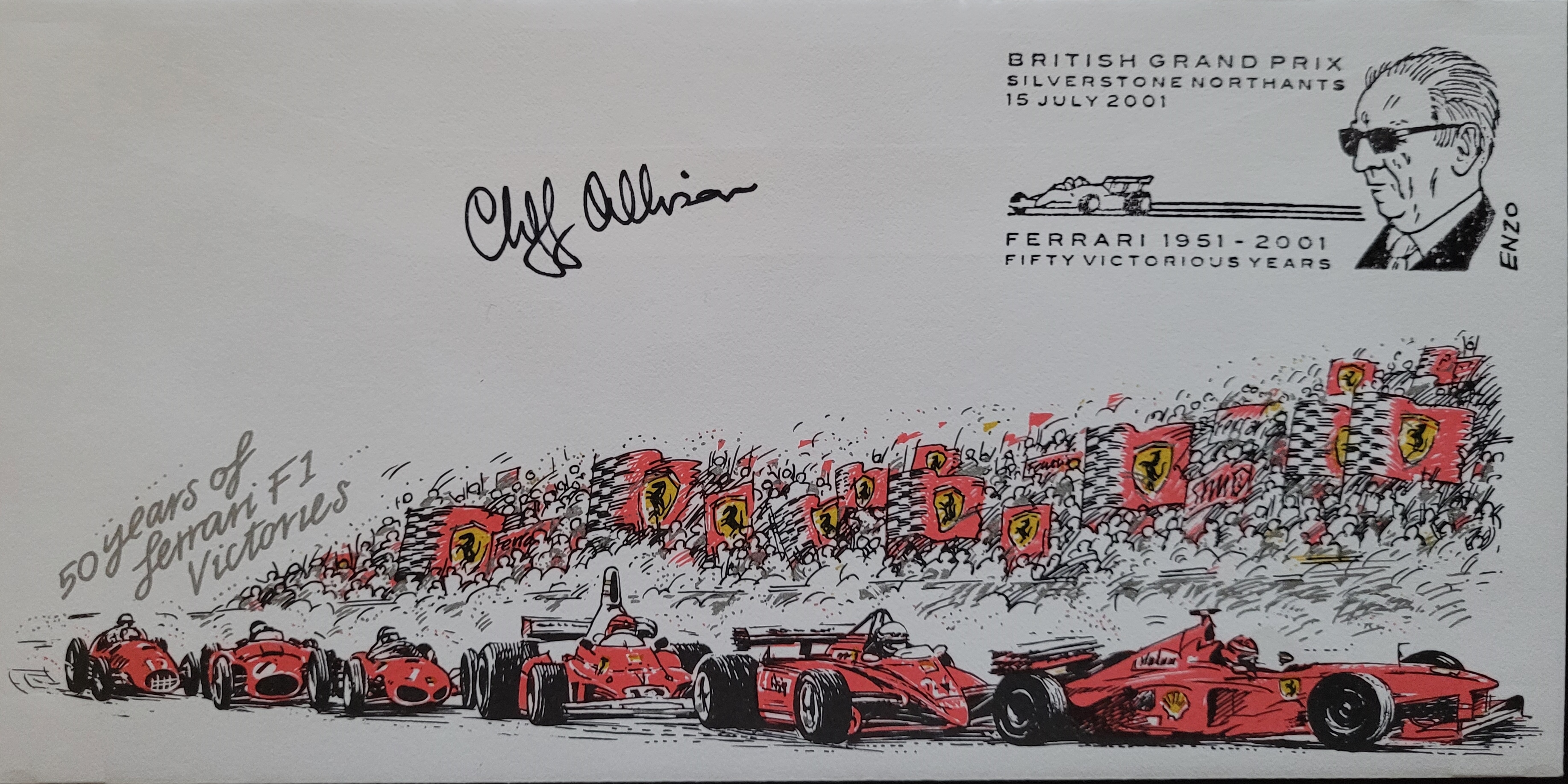 2001 FERRARI MOTOR RACING LTD EDITION POSTAL COVER AUTOGRAPHED BY CLIFF ALLISON