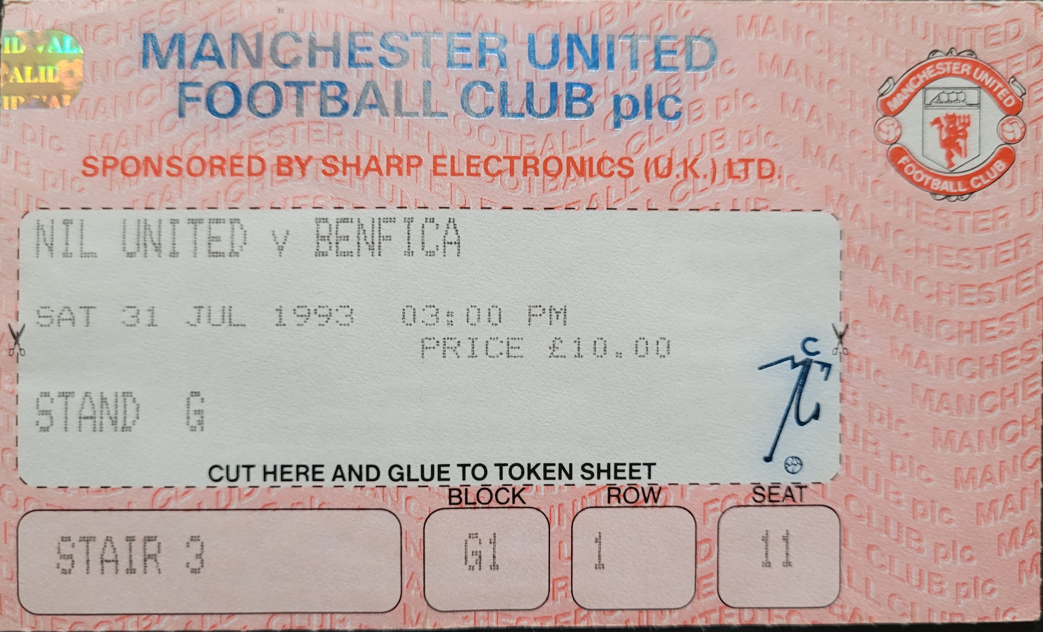 1993-94 MANCHESTER UNITED V BENFICA FRIENDLY TICKET Folds Ref DER