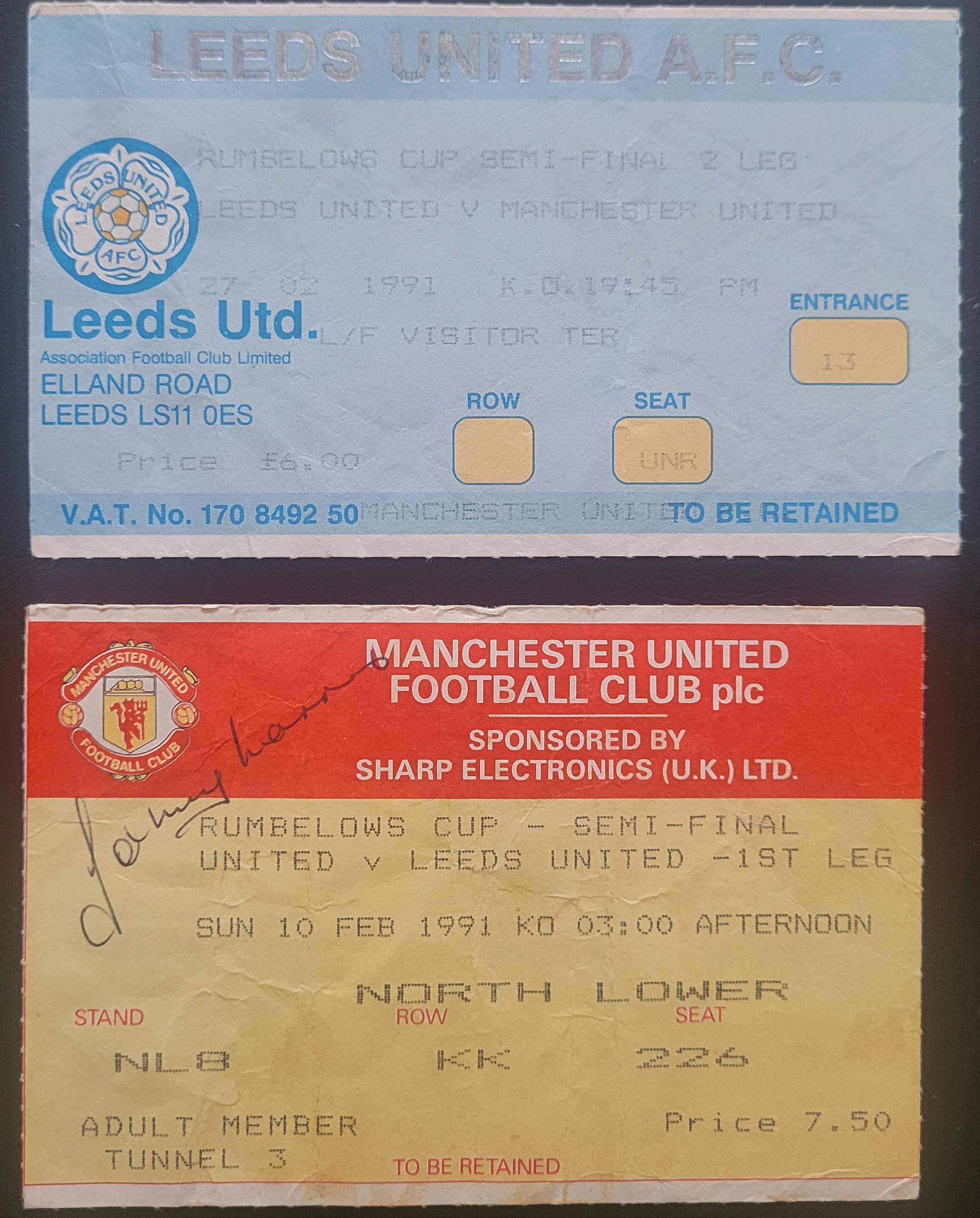 1990-91 LEAGUE CUP SEMI-FINAL MANCHESTER UNITED V LEEDS UNITED TICKET'S FOR BOTH LEGS