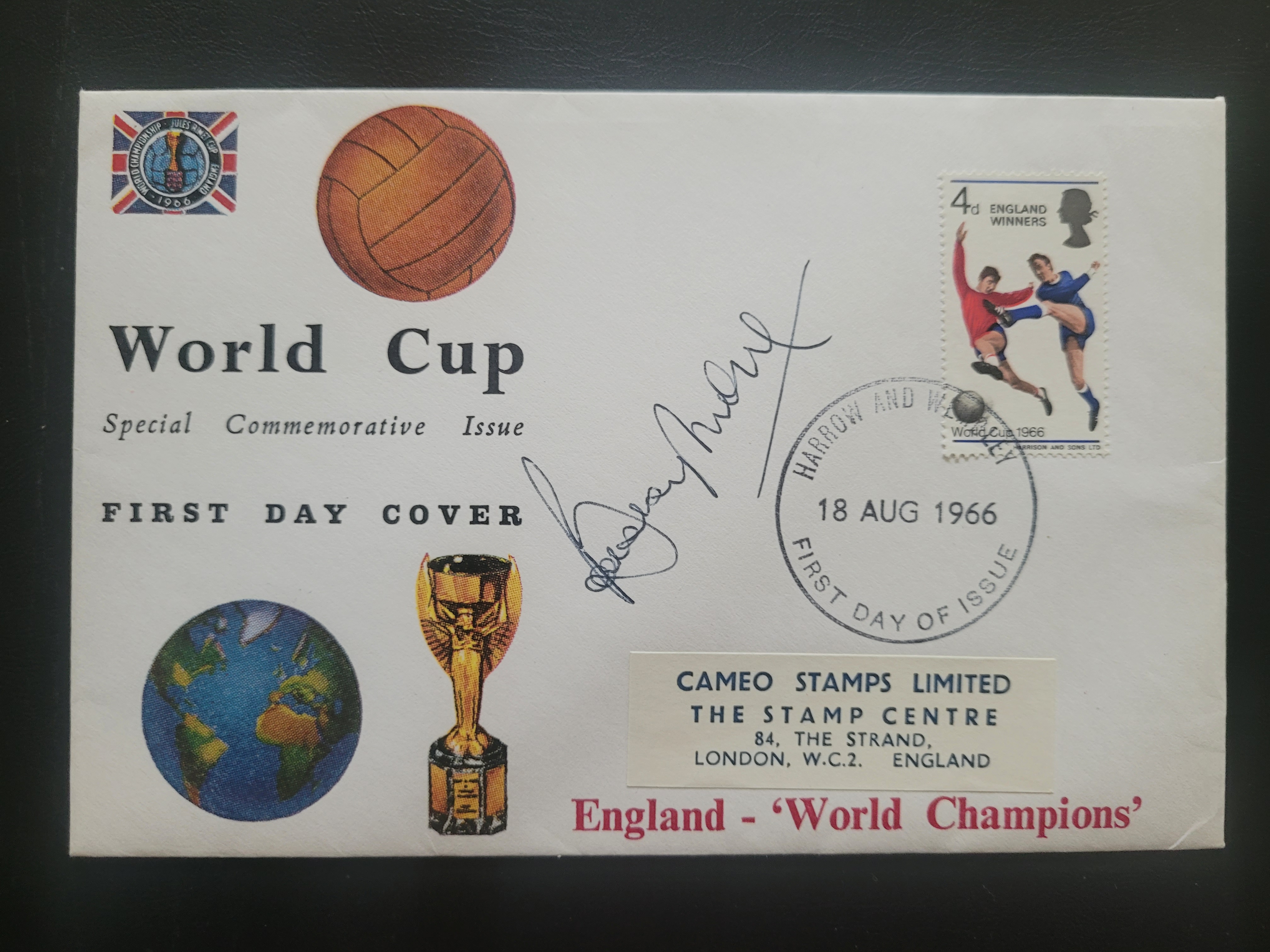 1966 WORLD CUP 1ST DAY COVER FRANKED HARROW & WEMBLEY AUTOGRAPHED BY BOBBY MOORE