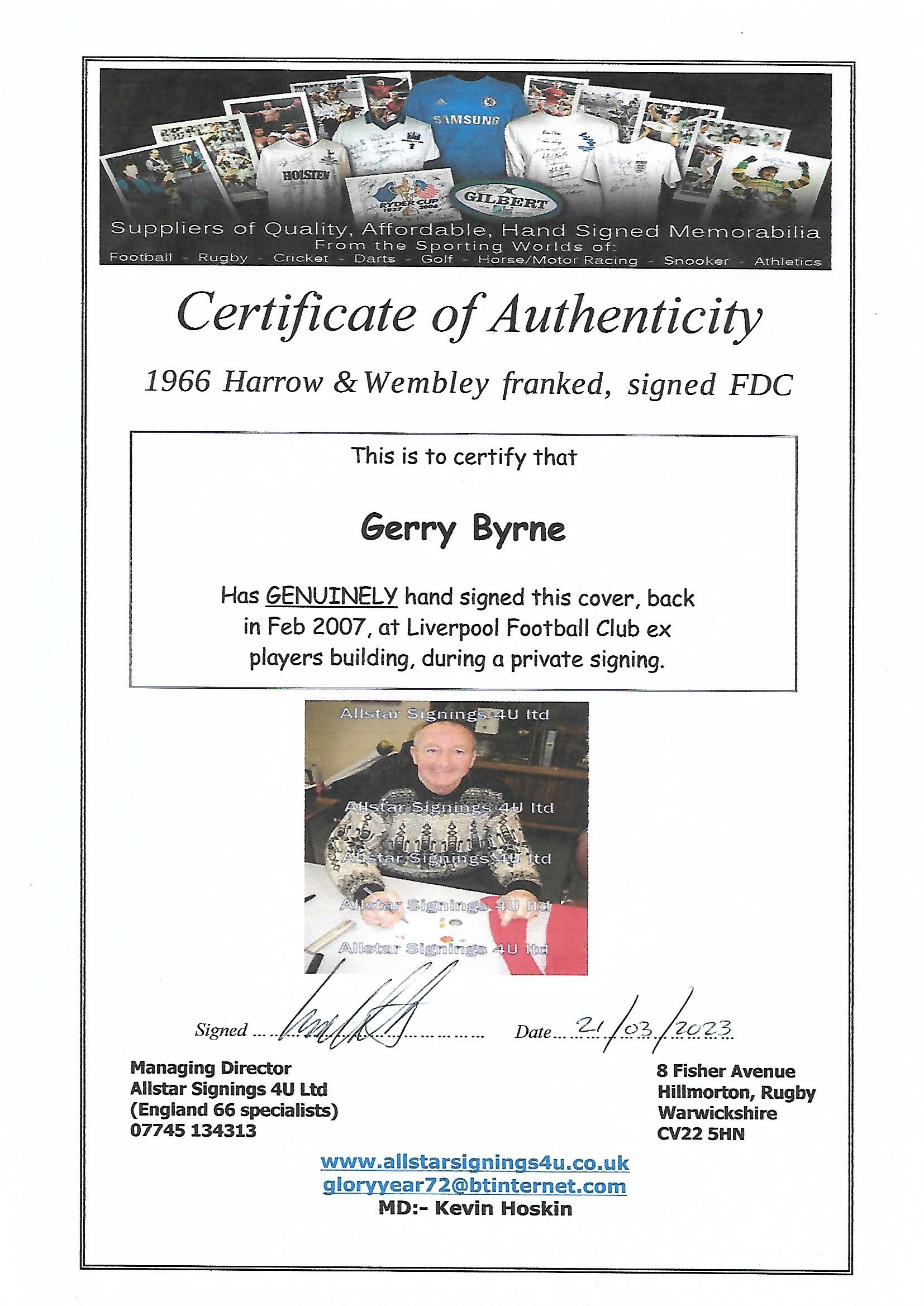 ENGLAND 1966 WORLD CUP RARE REMBRANDT POSTAL COVER AUTOGRAPHED BY GERRY BYRNE - Image 2 of 2