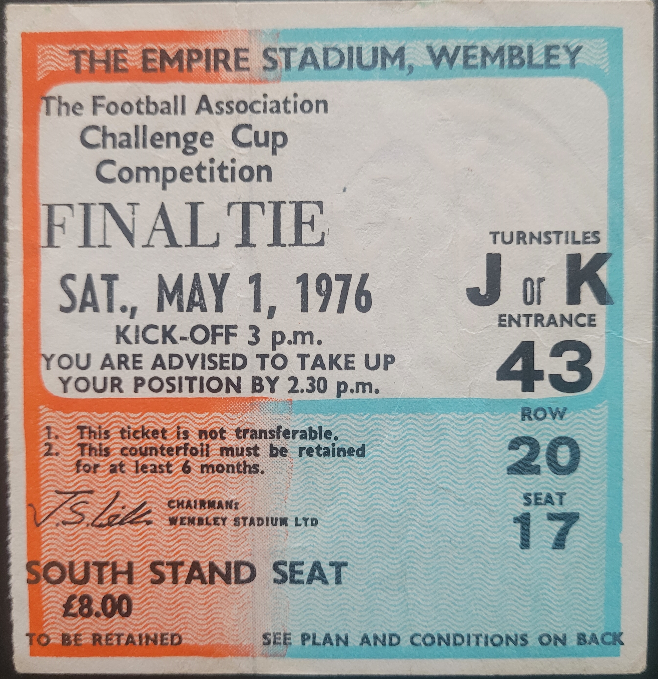 1976 FA CUP FINAL SOUTHAMPTON V MANCHESTER UNITED TICKET