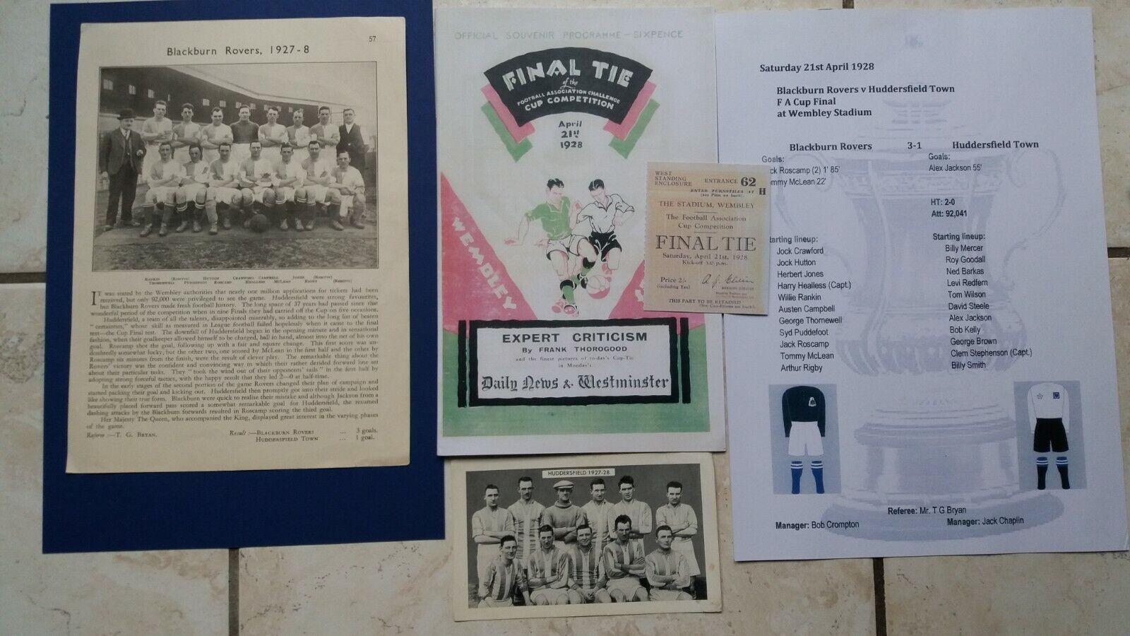 FA CUP FINAL 1928 BLACKBURN ROVERS V HUDDERSFIELD TOWN REPRINT PROGRAMME & TICKETS + MATCH REPORT