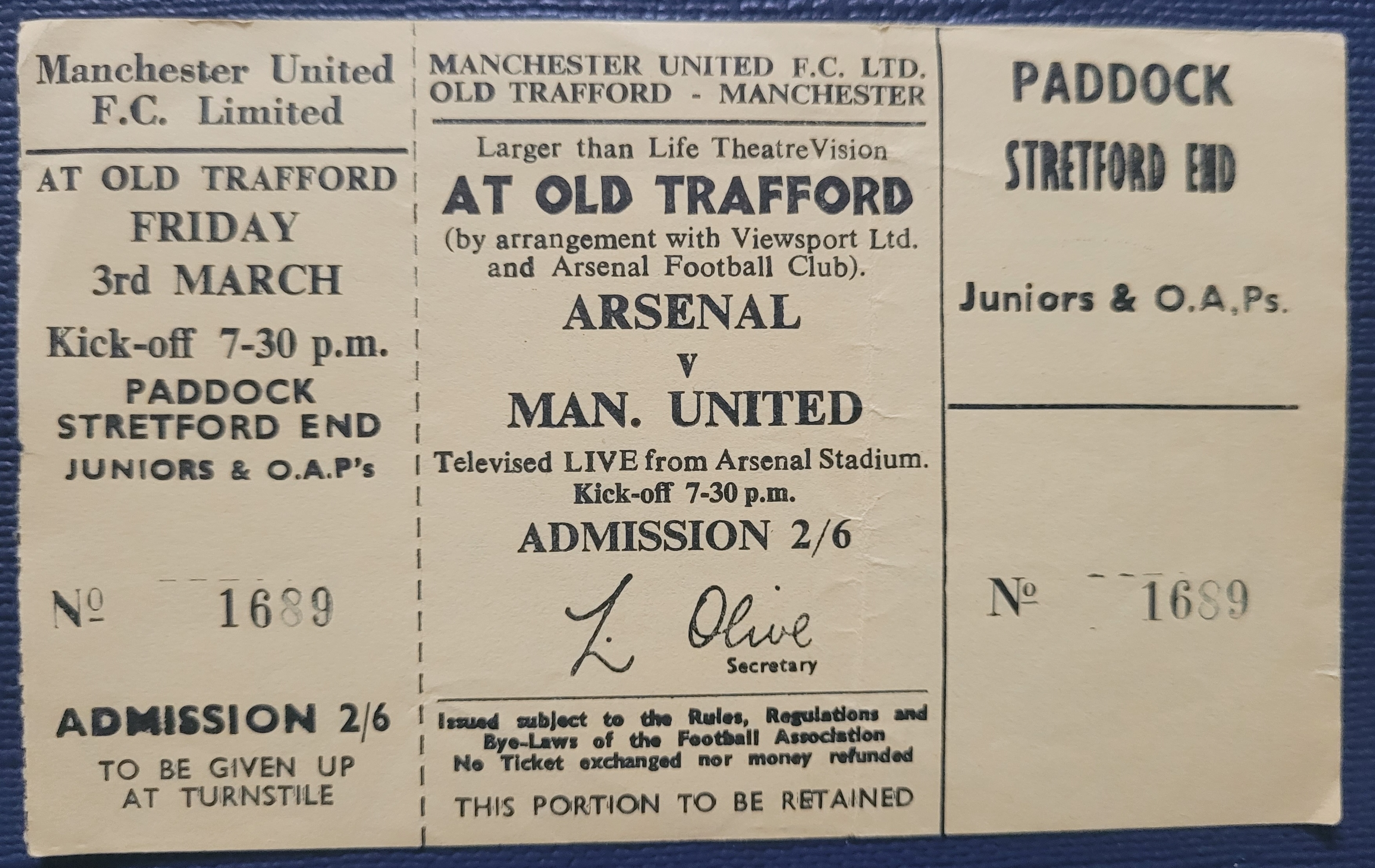 1966-67 ARSENAL V MANCHESTER UNITED BEAM BACK TO OLD TRAFFORD UNUSED TICKET