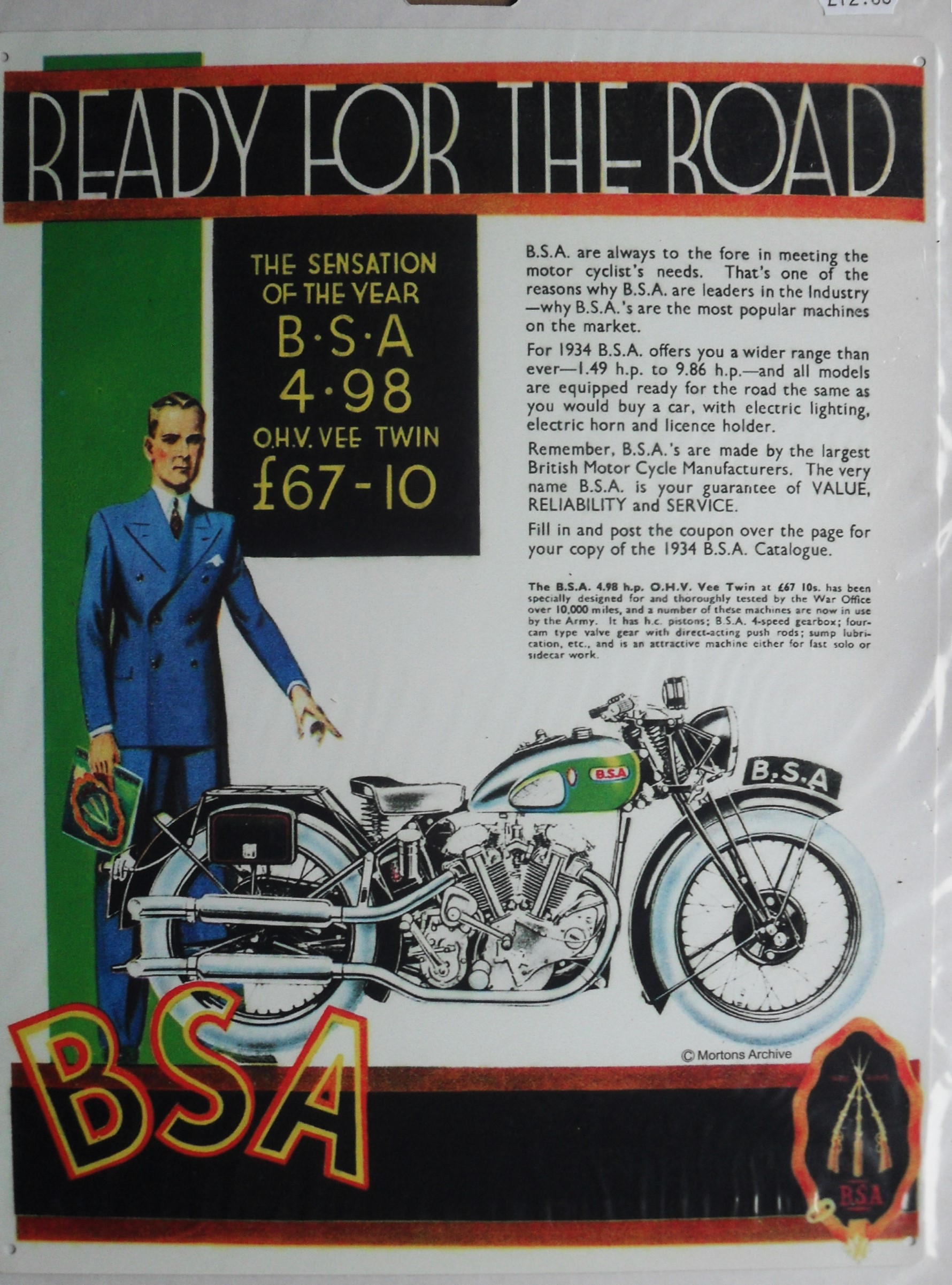 MOTORCYCLE - BSA READY FOR THE ROAD VERY LARGE METAL WALL PLAQUE