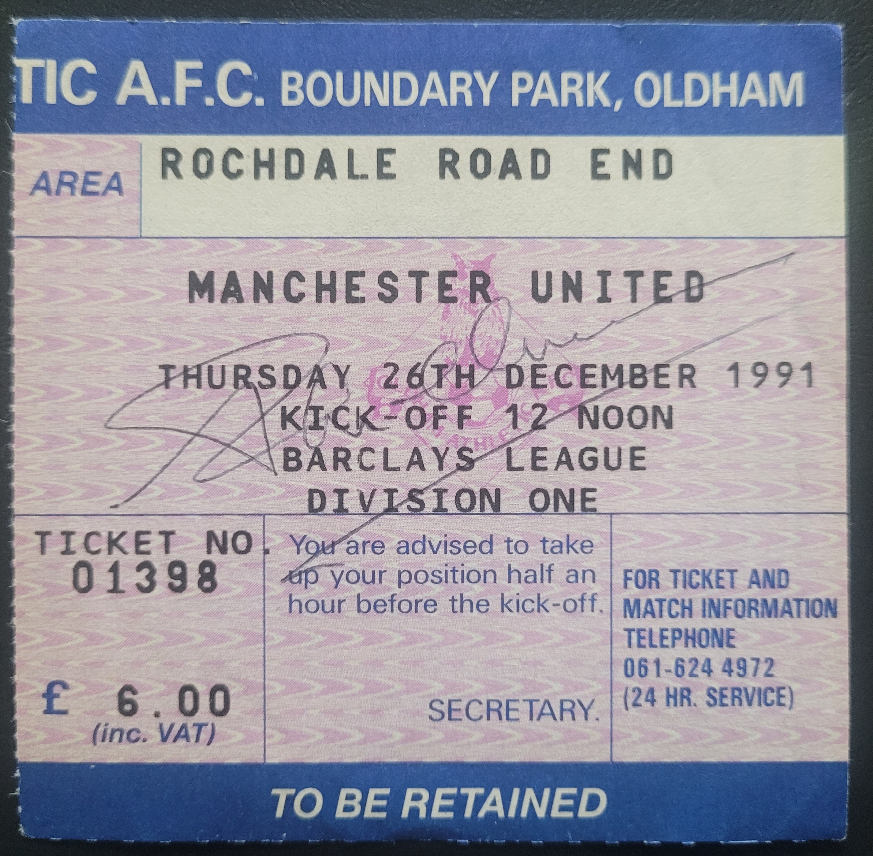 1991-92 OLDHAM ATHLETIC V MANCHESTER UNITED TICKET