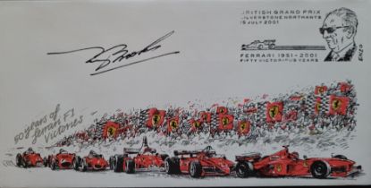 2001 FERRARI MOTOR RACING LTD EDITION POSTAL COVER AUTOGRAPHED BY TONY BROOKS