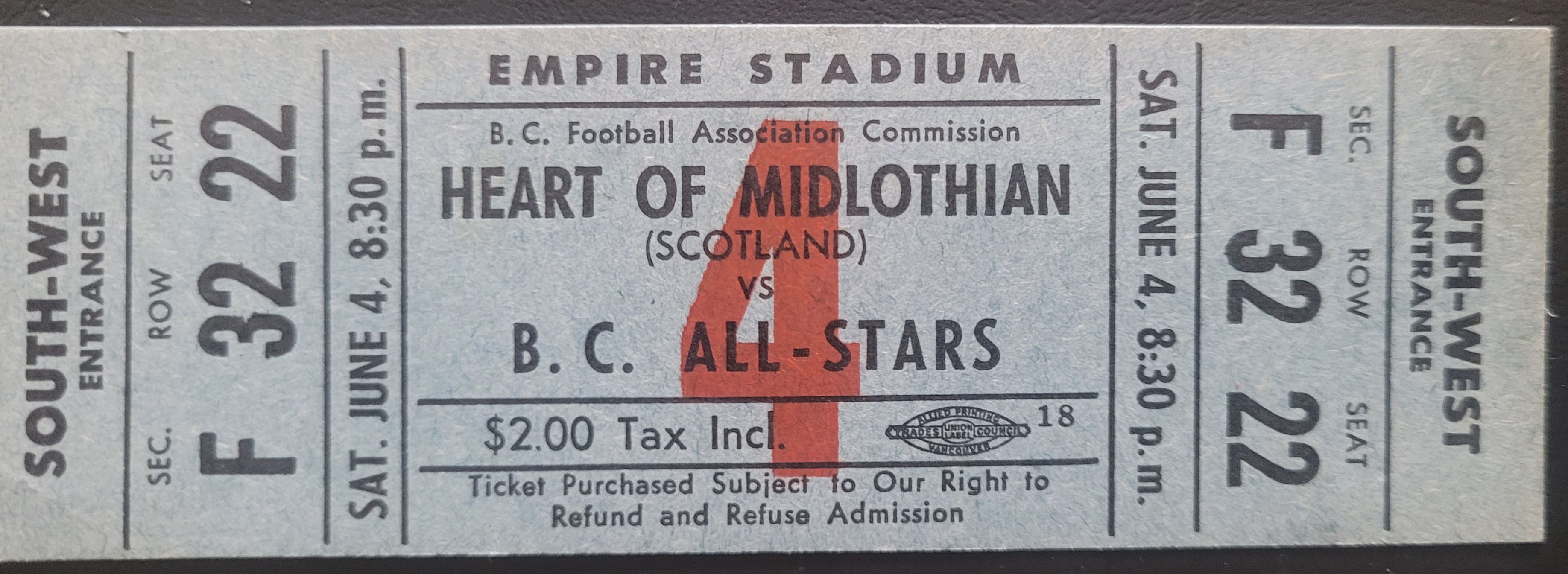 1960 B C ALL STARS V HEARTS IN CANADA FRIENDLY TICKET