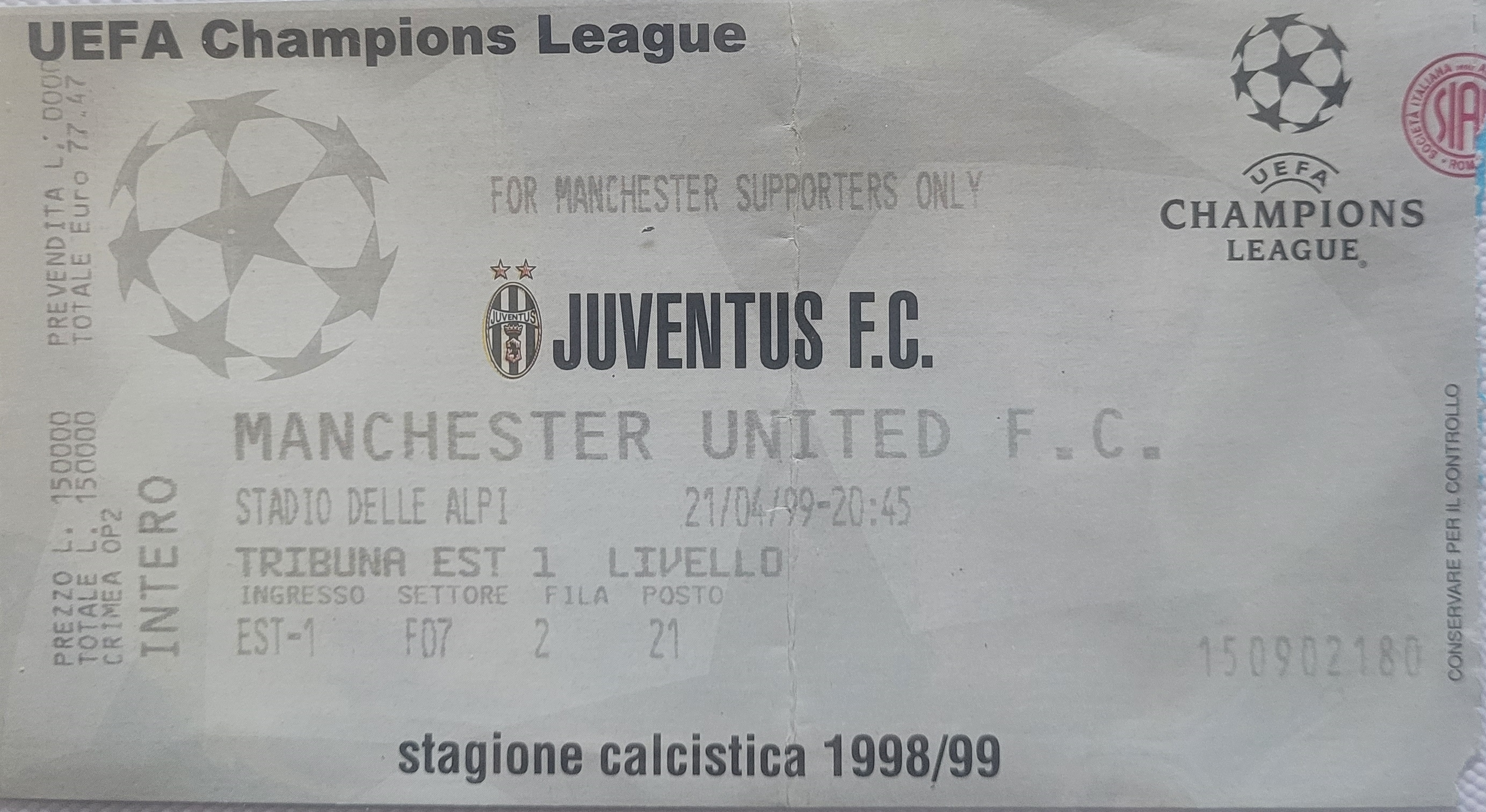 1998-99 JUVENTUS V MANCHESTER UNITED CHAMPIONS LEAGUE SEMI-FINAL TICKET
