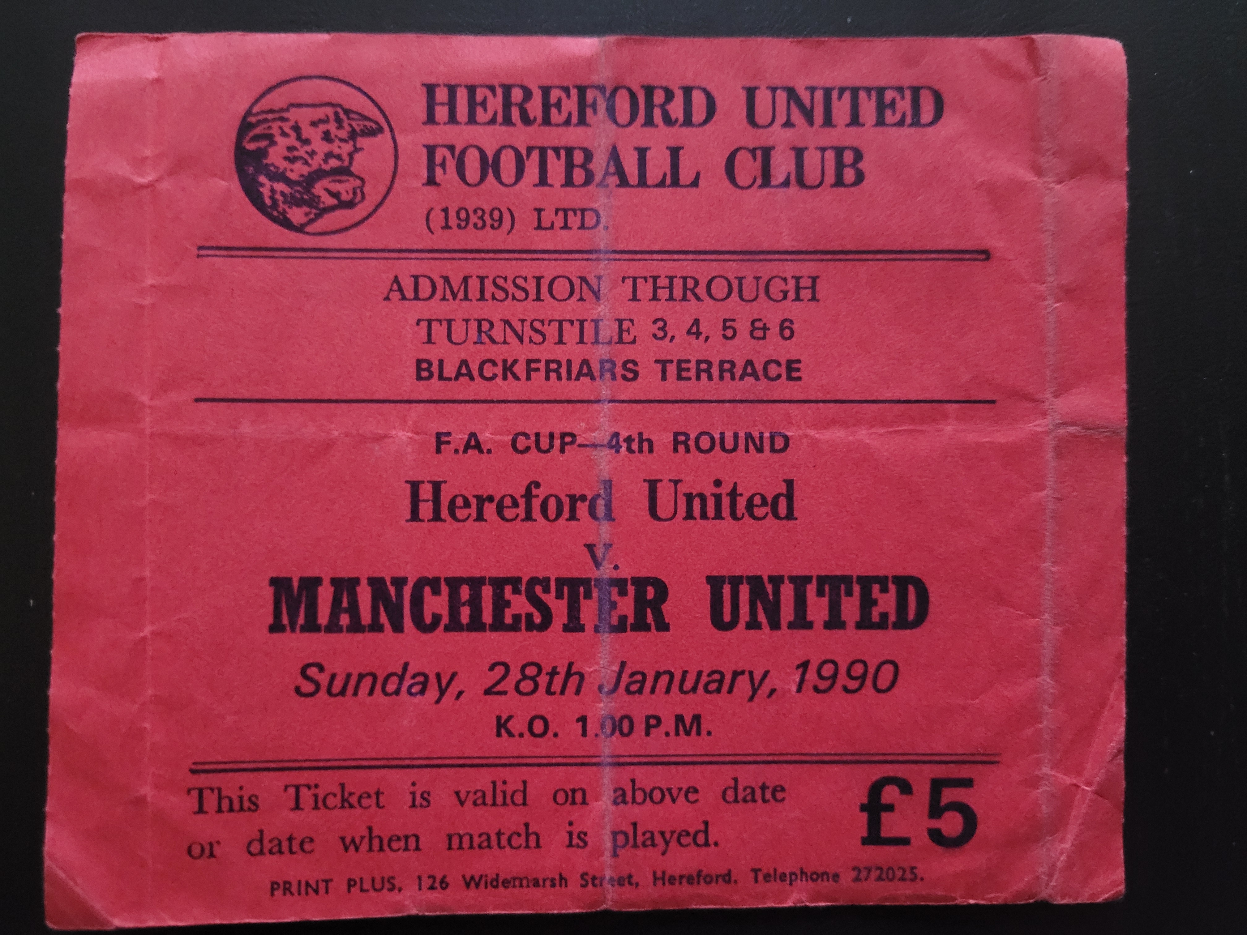 1989-90 HEREFORD UNITED V MANCHESTER UNITED FA CUP 4TH ROUND TICKET