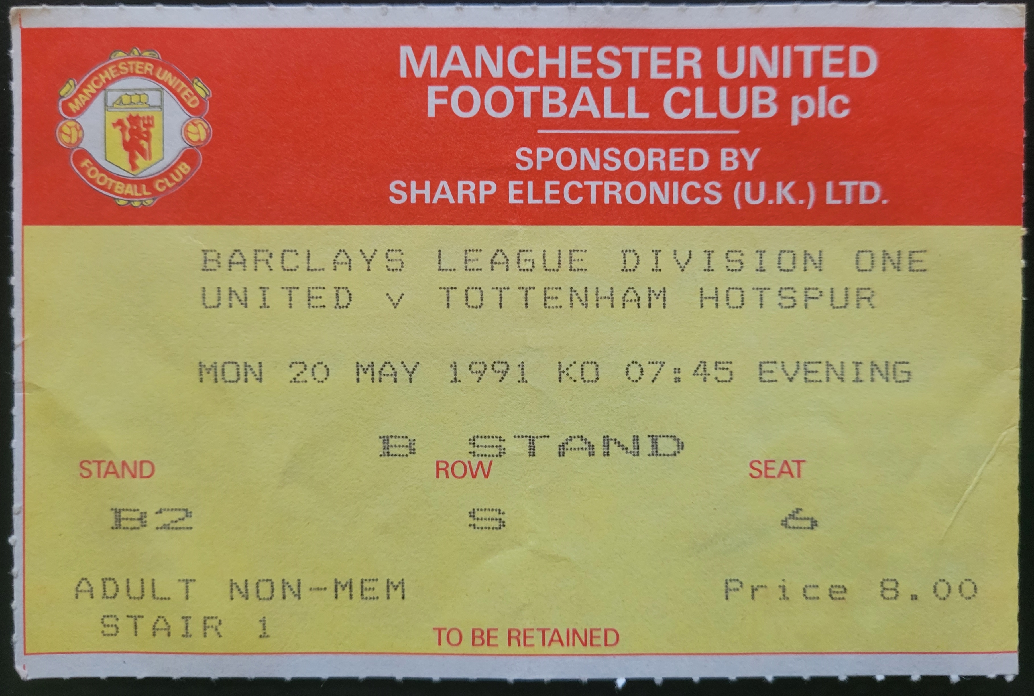 1990-91 MANCHESTER UNITED V TOTTENHAM HOTSPUR TICKET