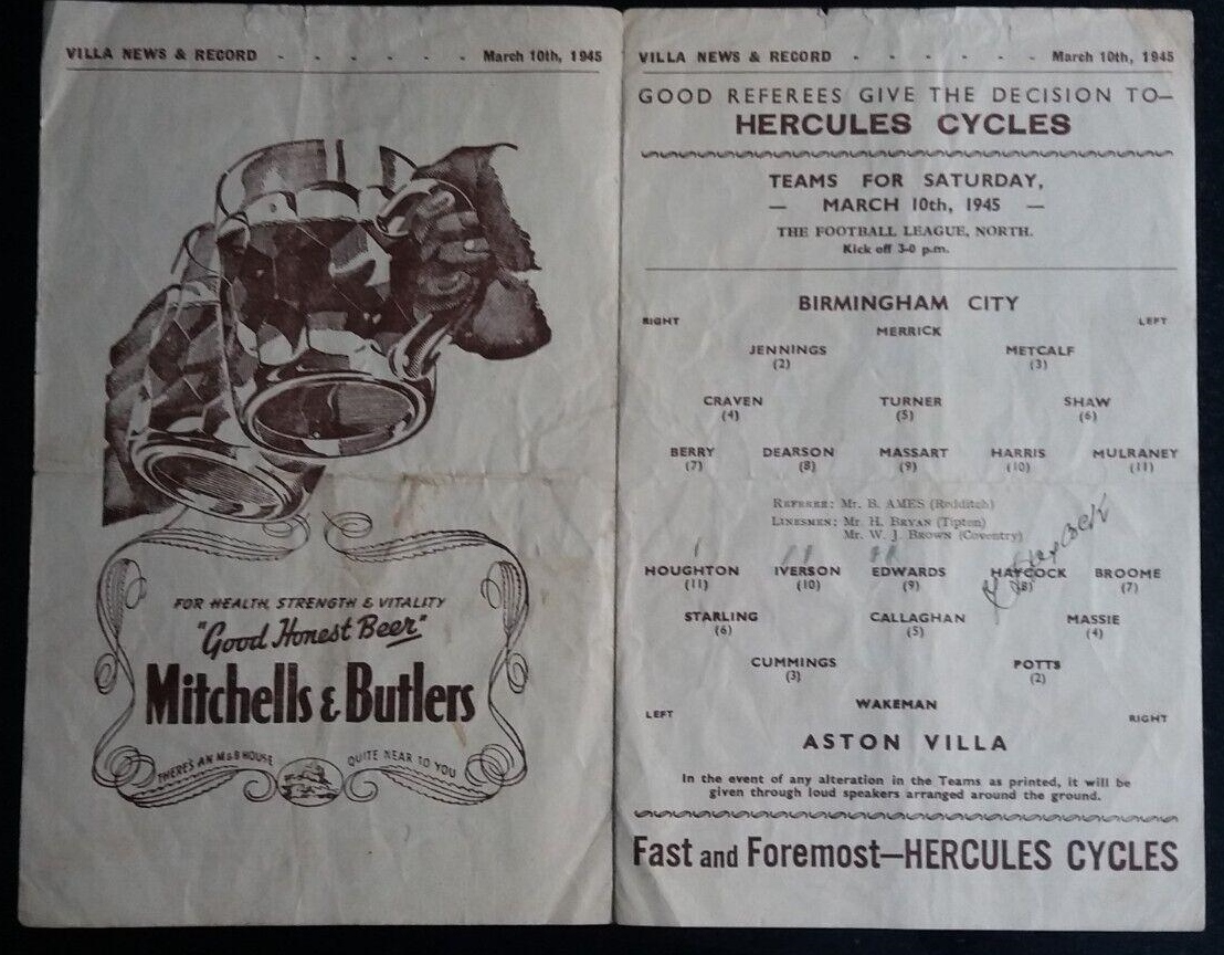 1944-45 ( MARCH ) ASTON VILLA V BIRMINGHAM CITY SIGNED BY VILLA PLAYER HAYCOCK - Image 2 of 2