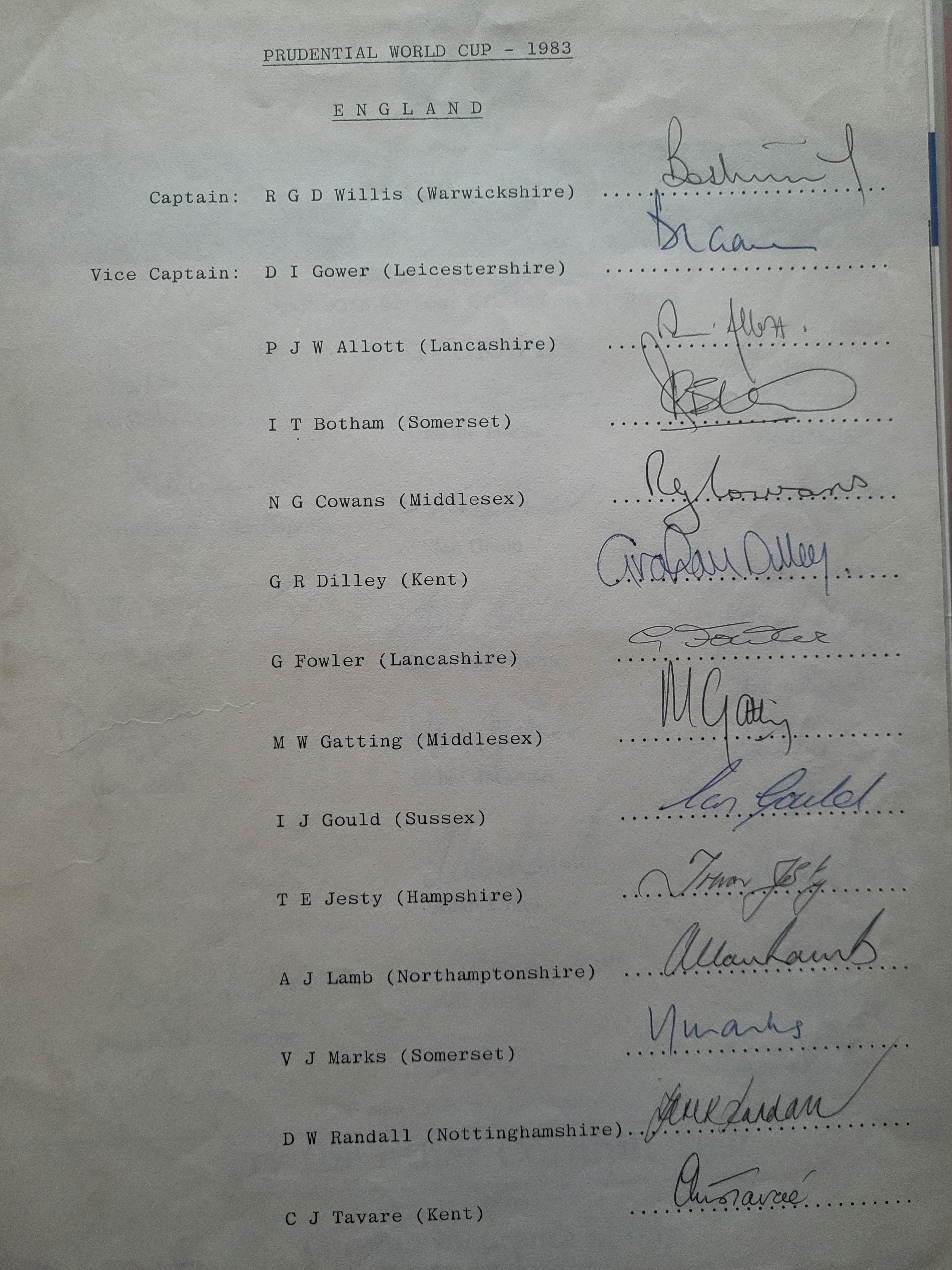 CRICKET 1983 ENGLAND WORLD CUP SQUAD AUTOGRAPH SHEET