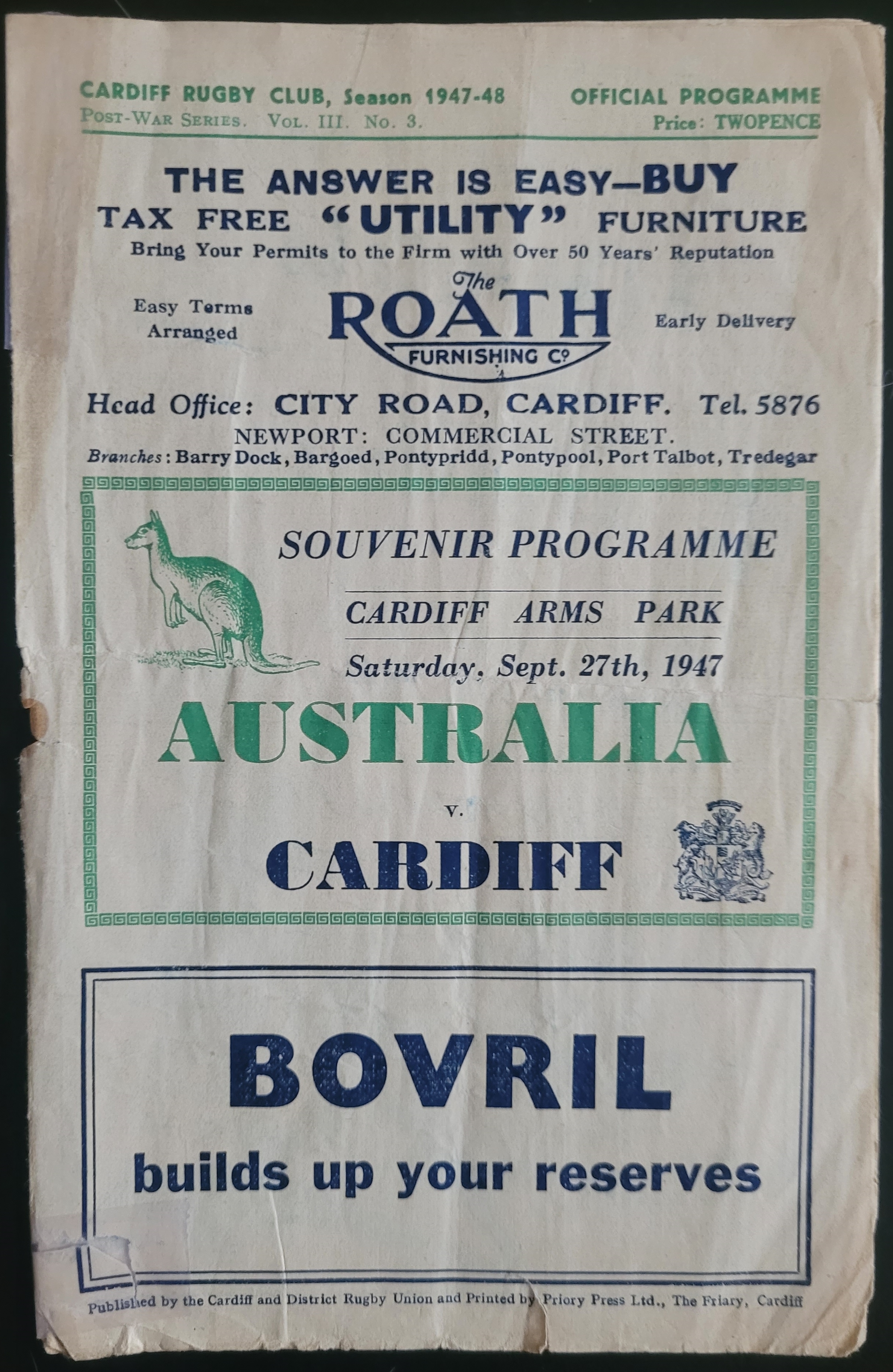 RUGBY UNION 1947 CARDIFF V AUSTRALIA