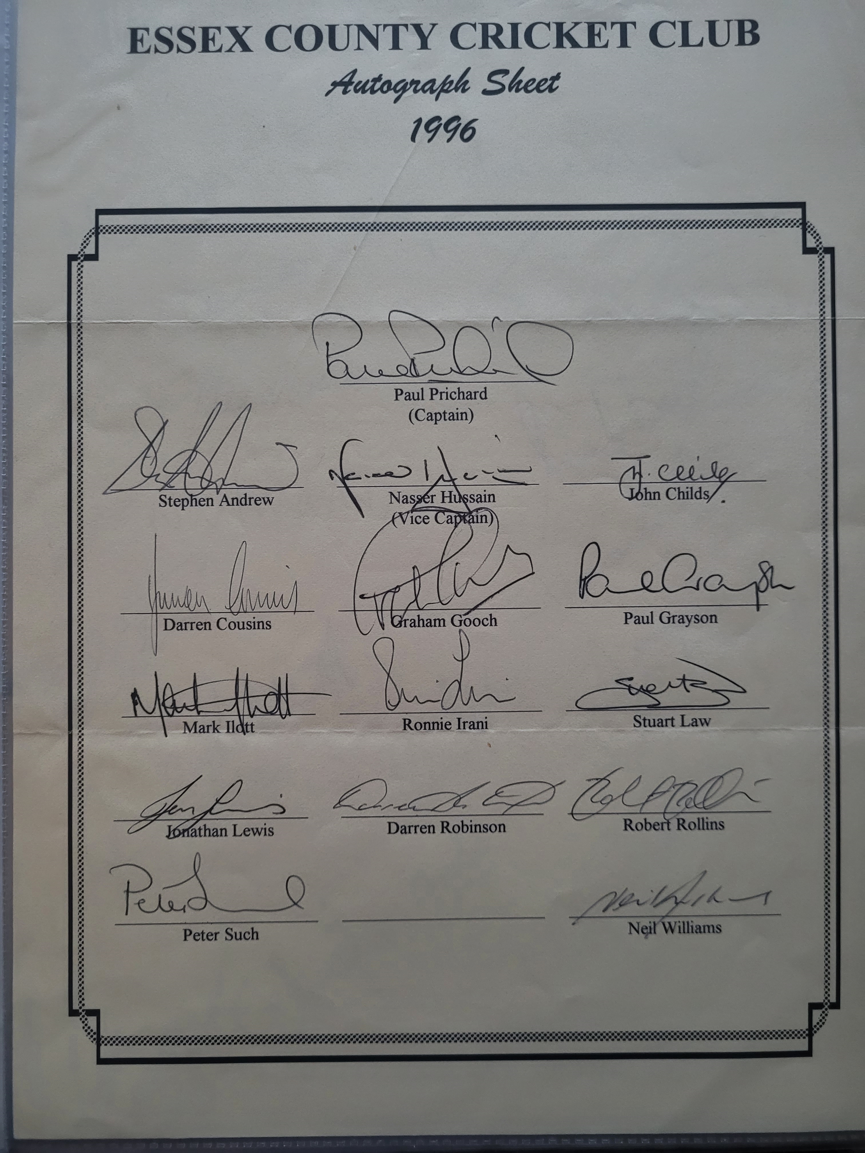 CRICKET 1996 ESSEX OFFICIAL AUTOGRAPH SHEET