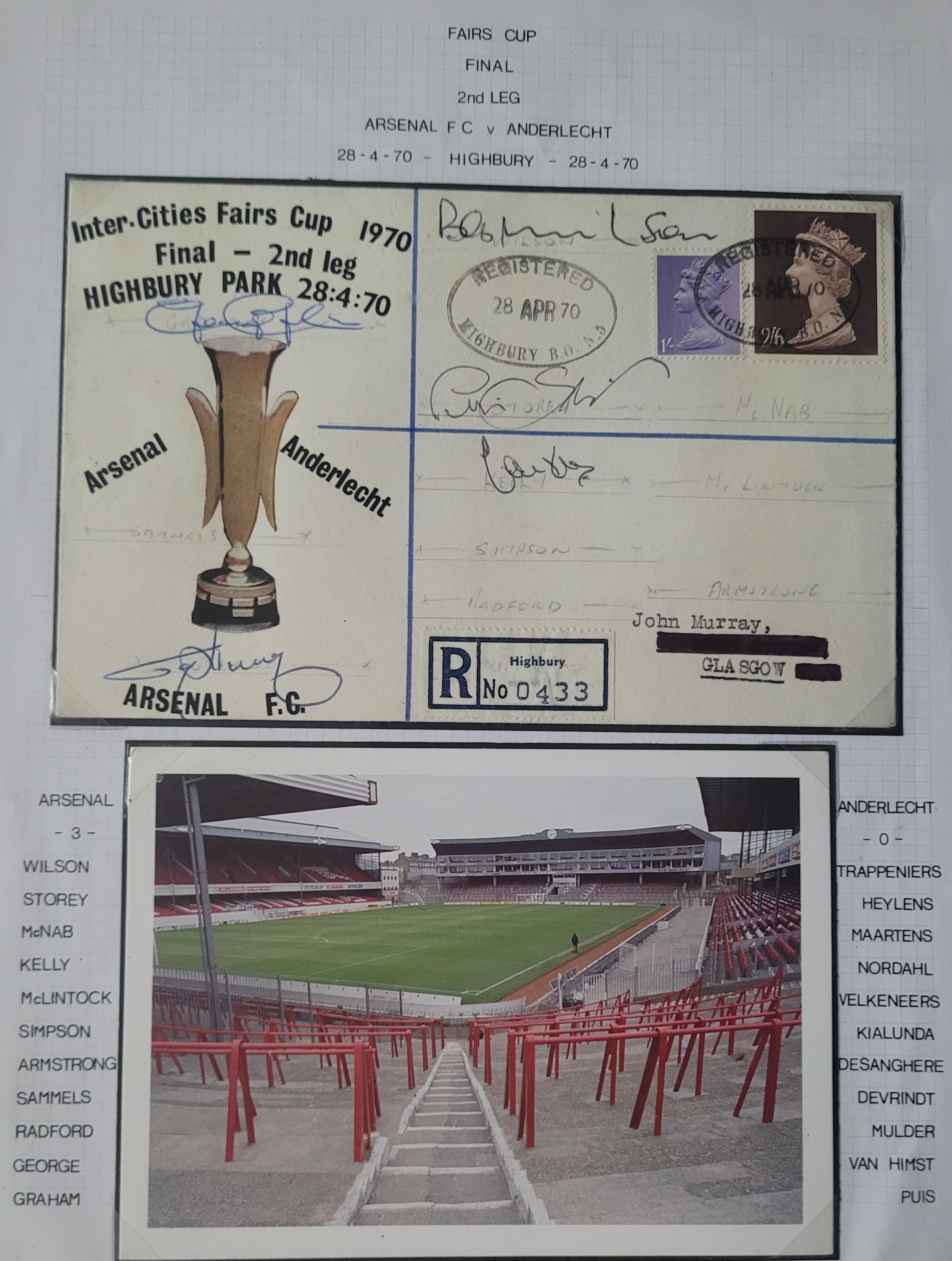 ARSENAL 1970 FAIRS CUP FINAL AUTOGRAPHED POSTAL COVER