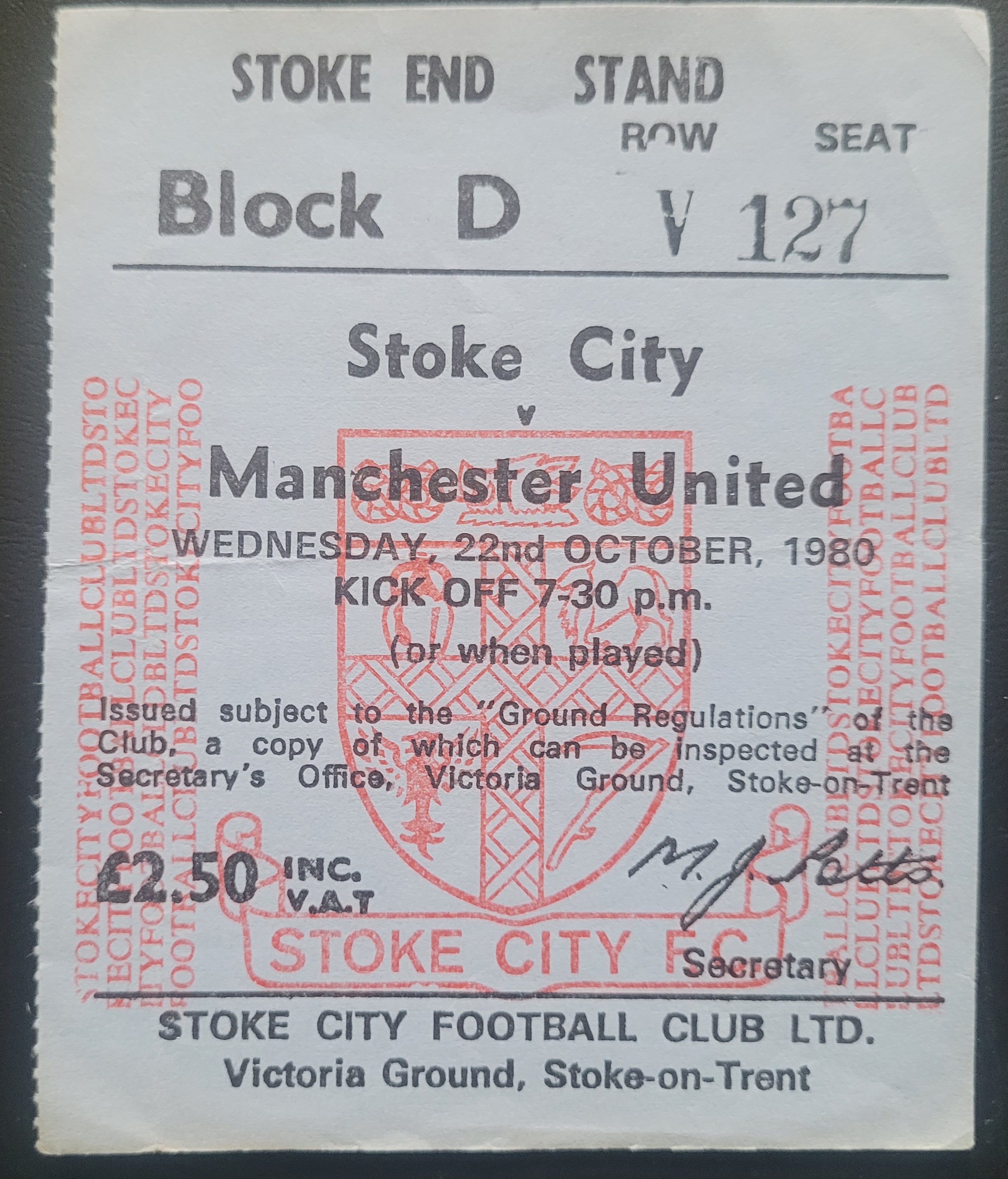 1980-81 STOKE CITY V MANCHESTER UNITED TICKET