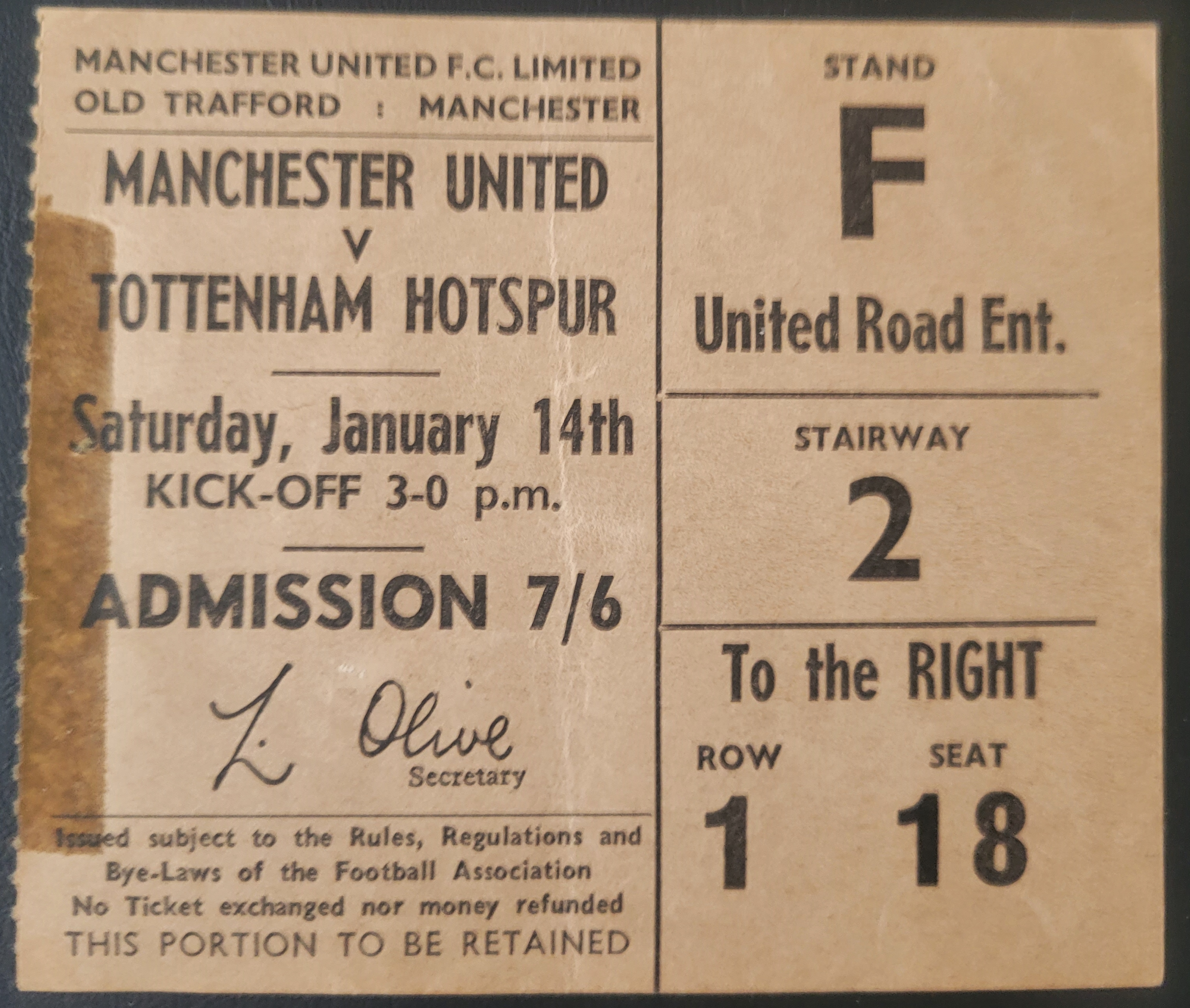 1966-67 MANCHESTER UNITED V TOTTENHAM HOTSPUR TICKET