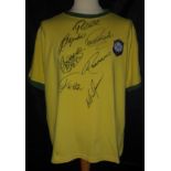 BRAZIL 1970 WORLD CUP WINNERS RETRO SHIRT AUTOGRAPHED BY 7 INC PELE