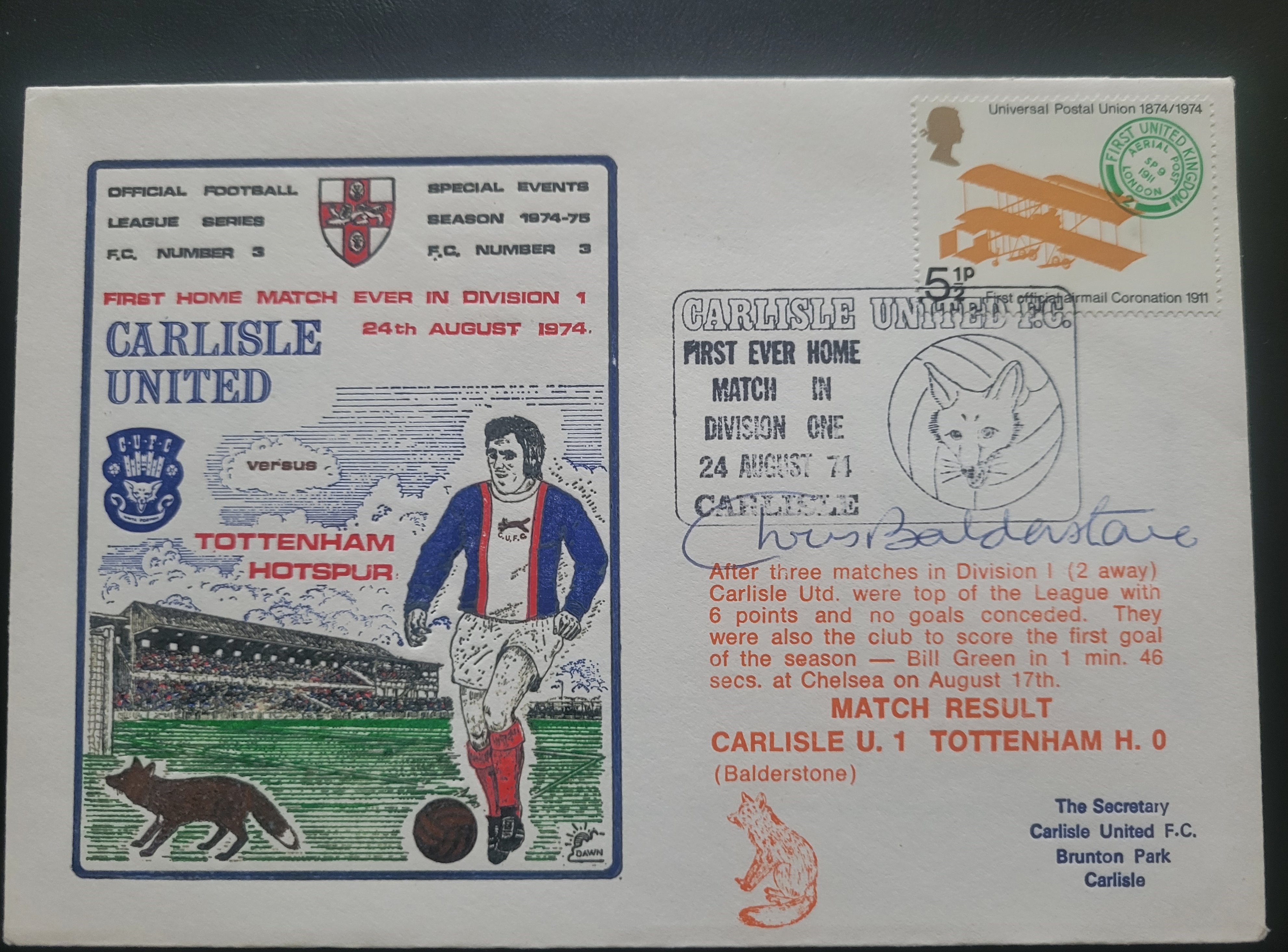 1971 CARLISLE 1ST DIV 1 HOME GAME LIMITED EDITION POSTAL COVER SIGNED BY CHRIS BALDERSTONE