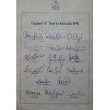 CRICKET 1996 ENGLAND 'A' TOUR TO AUSTRALIA OFFICIAL AUTOGRAPH SHEET