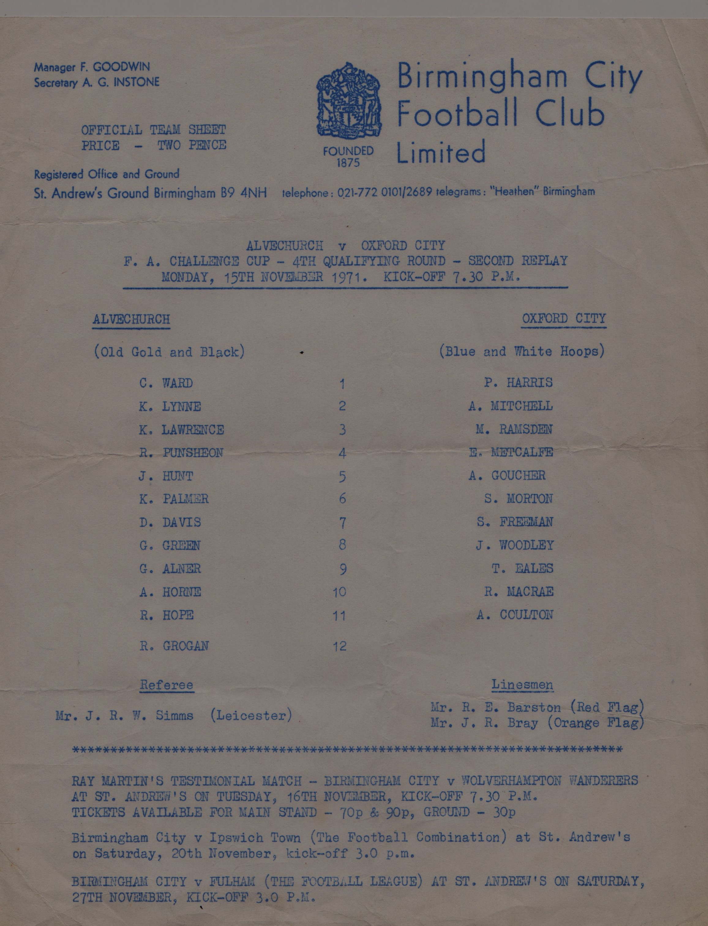 1971/72 F.A. CUP 4TH QR 2ND REPLAY ALVECHURCH V OXFORD CITY @ BIRMINGHAM CITY SINGLE SHEET