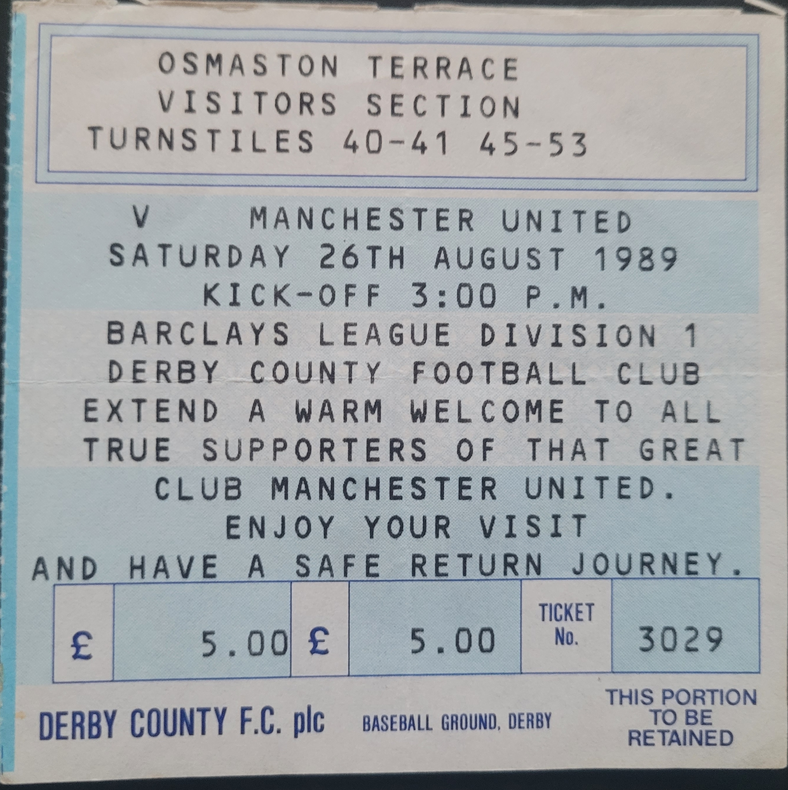 1989-90 DERBY COUNTY V MANCHESTER UNITED TICKET