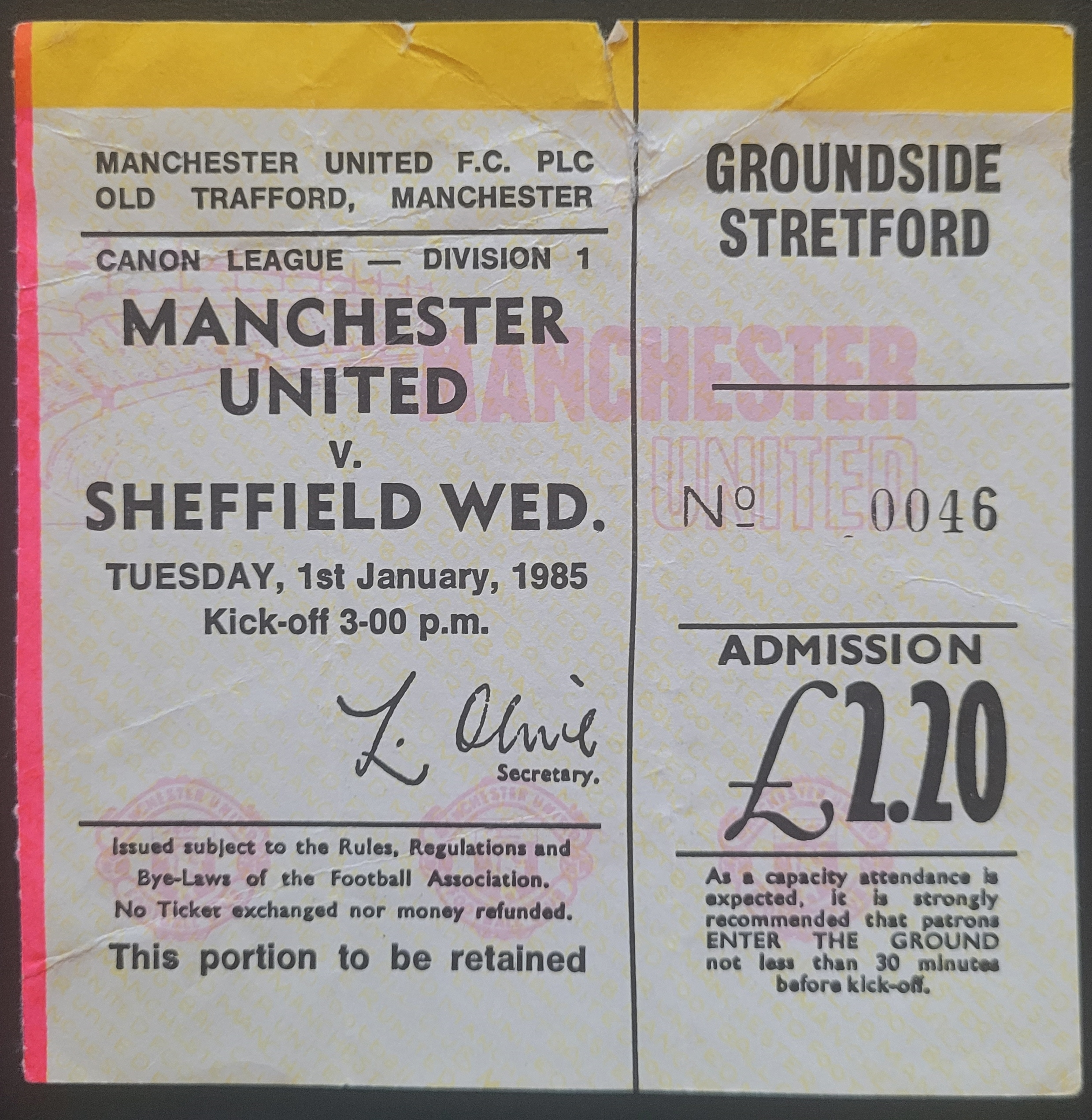 1984-85 MANCHESTER UNITED V SHEFFIELD WEDNESDAY TICKET