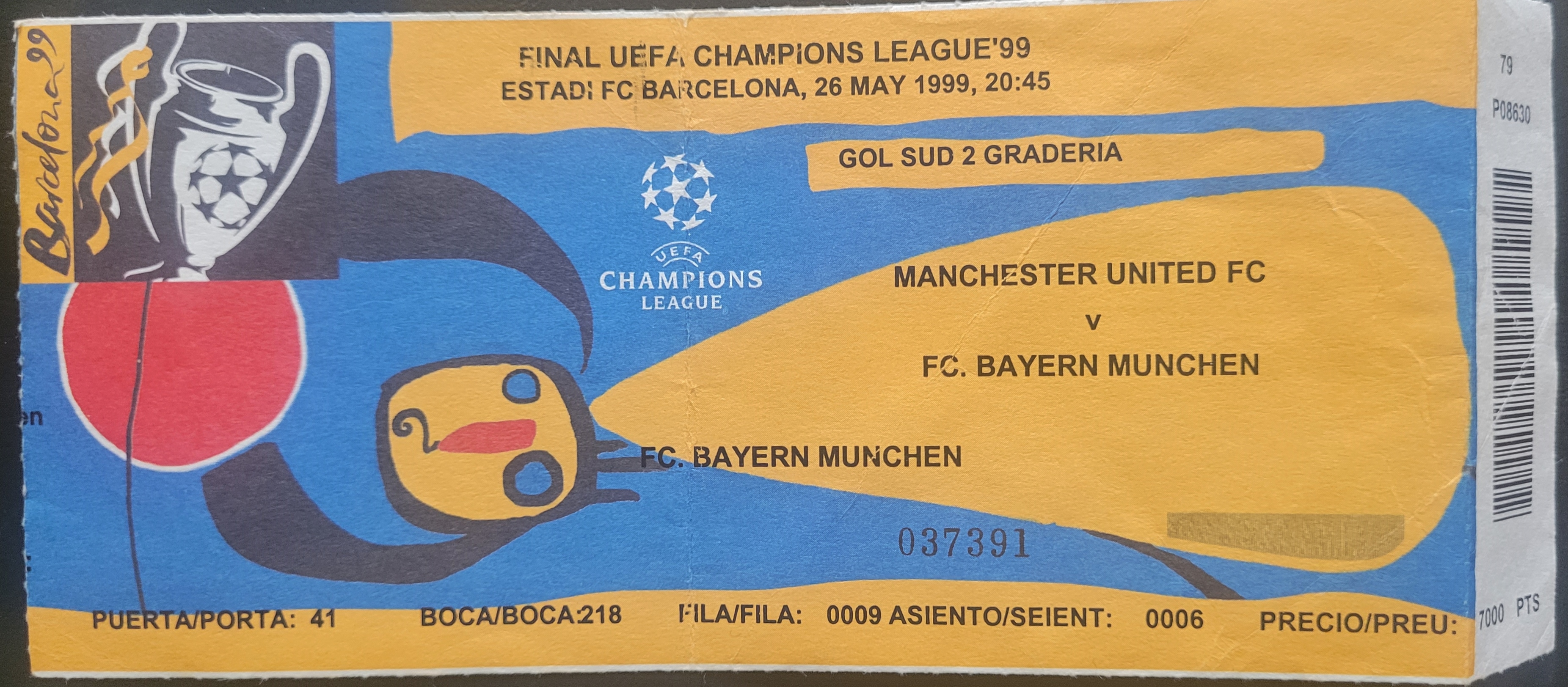 1999 MANCHESTER UNITED V BAYERN MUNICH CHAMPIONS LEAGUE FINAL TICKET