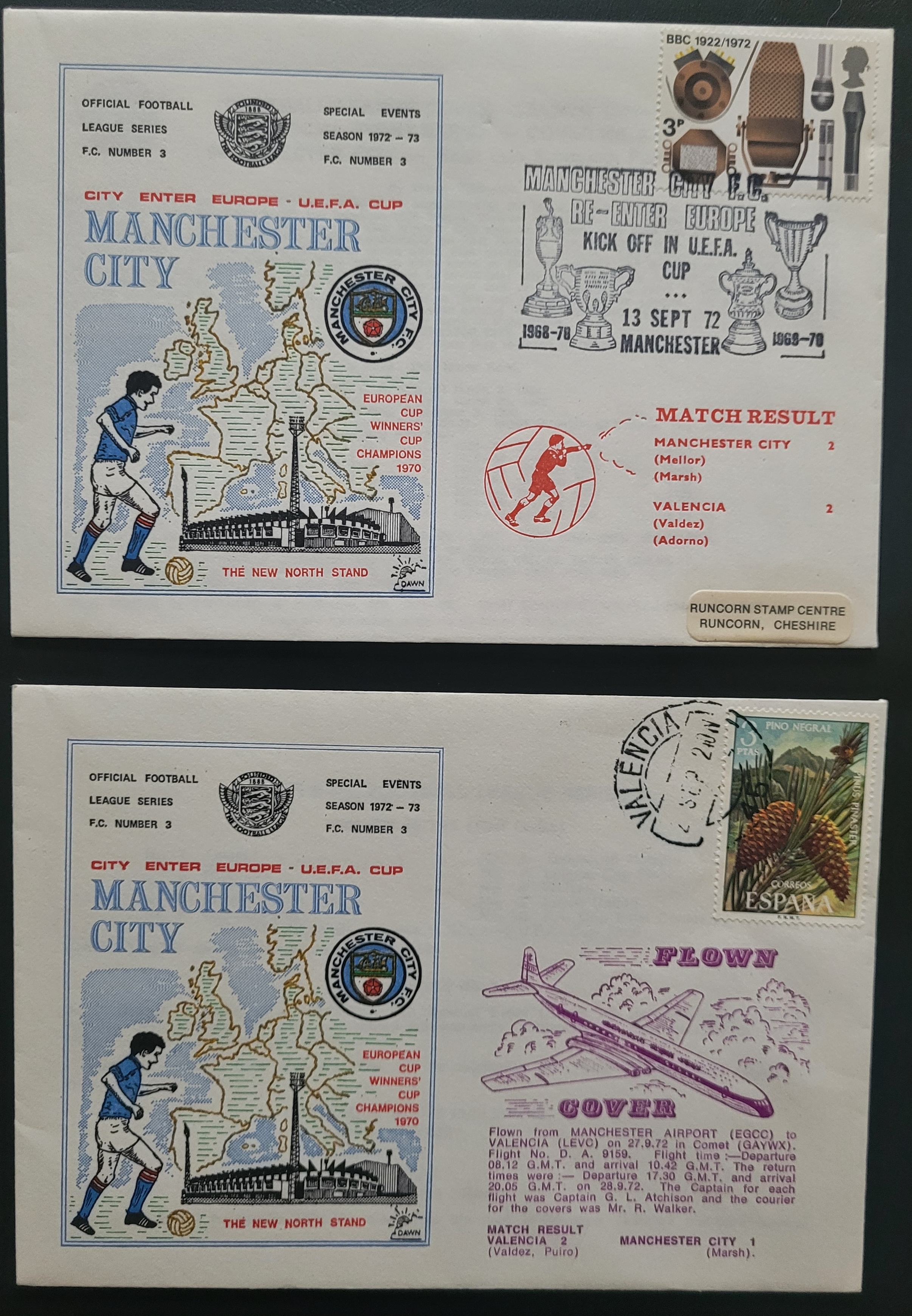 1972 VALENCIA V MANCHESTER CITY UEFA CUP POSTAL COVERS COVERING BOTH LEGS