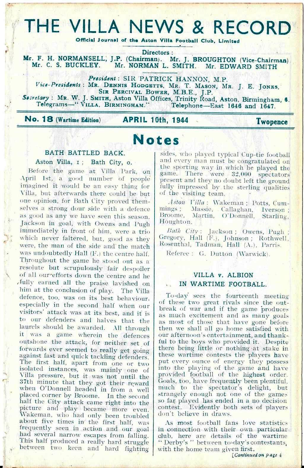 1943-44 ASTON VILLA V WEST BROMWICH ALBION