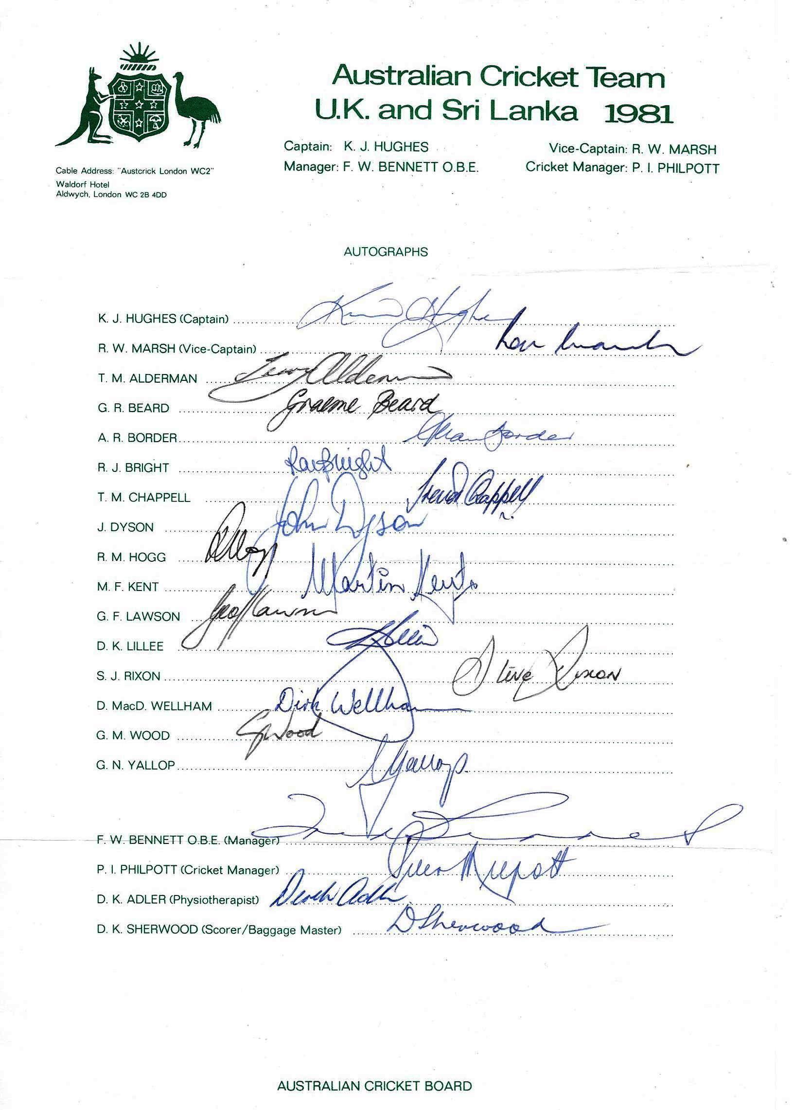 CRICKET 1981 AUSTRALIA TOUR TO ENGLAND & SRI LANKA FULLY SIGNED OFFICIAL AUTOGRAPH SHEET