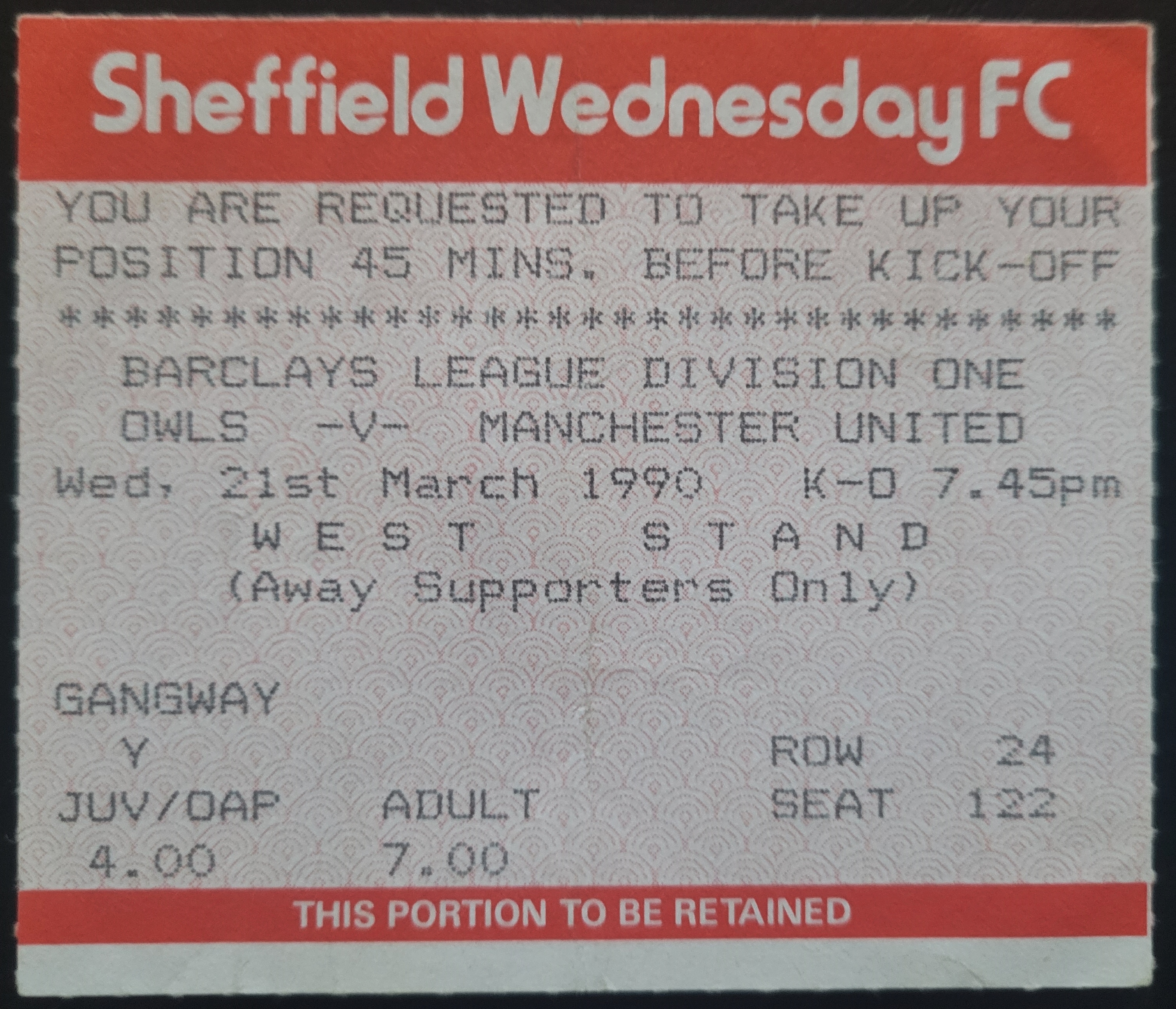 1989-90 SHEFFIELD WEDNESDAY V MANCHESTER UNITED TICKET