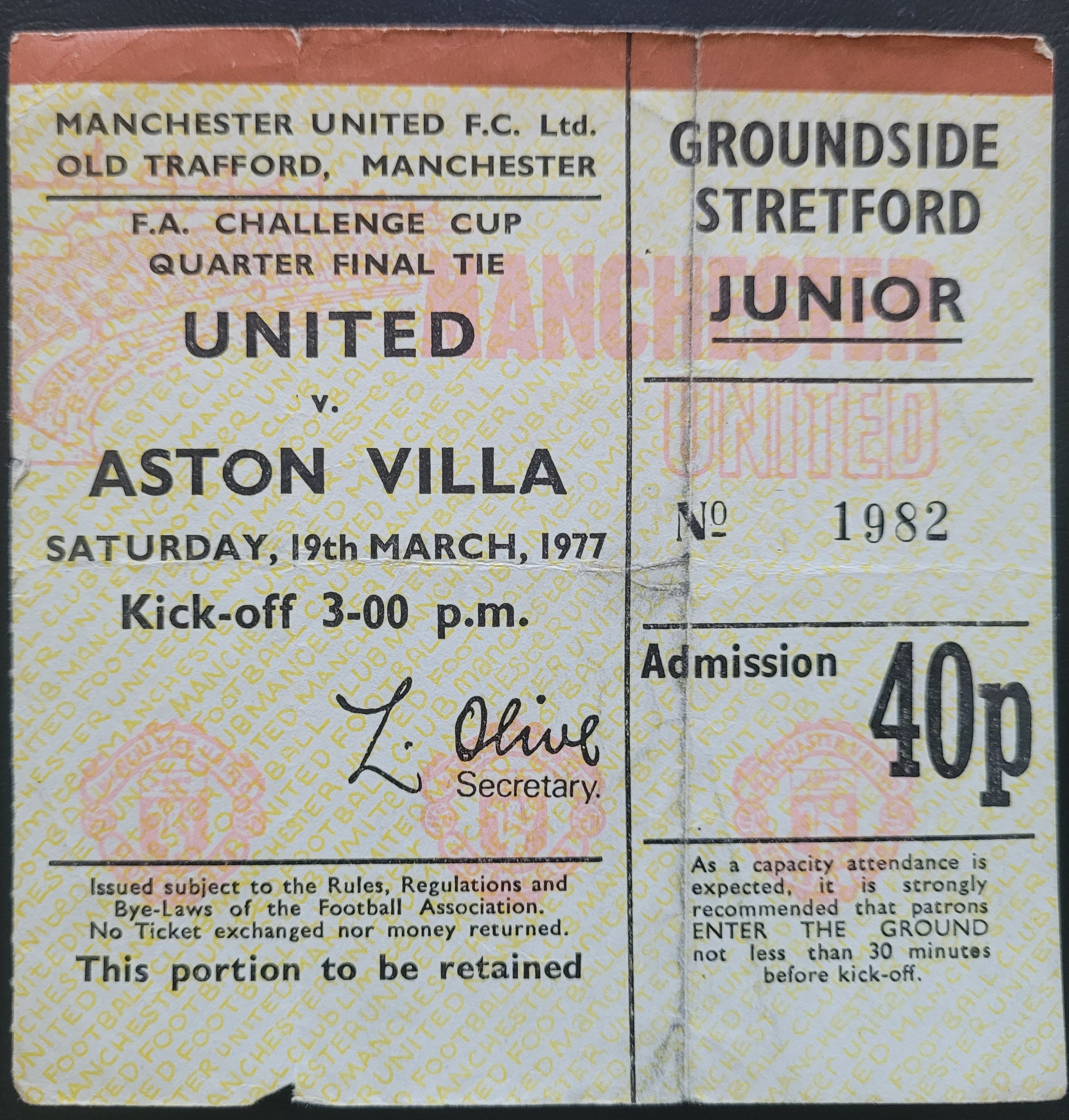 1976-77 MANCHESTER UNITED V ASTON VILLA FA CUP TICKET