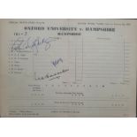 CRICKET 1957 OXFORD UNIVERSITY V HAMPSHIRE AUTOGRAPHED SCORECARD