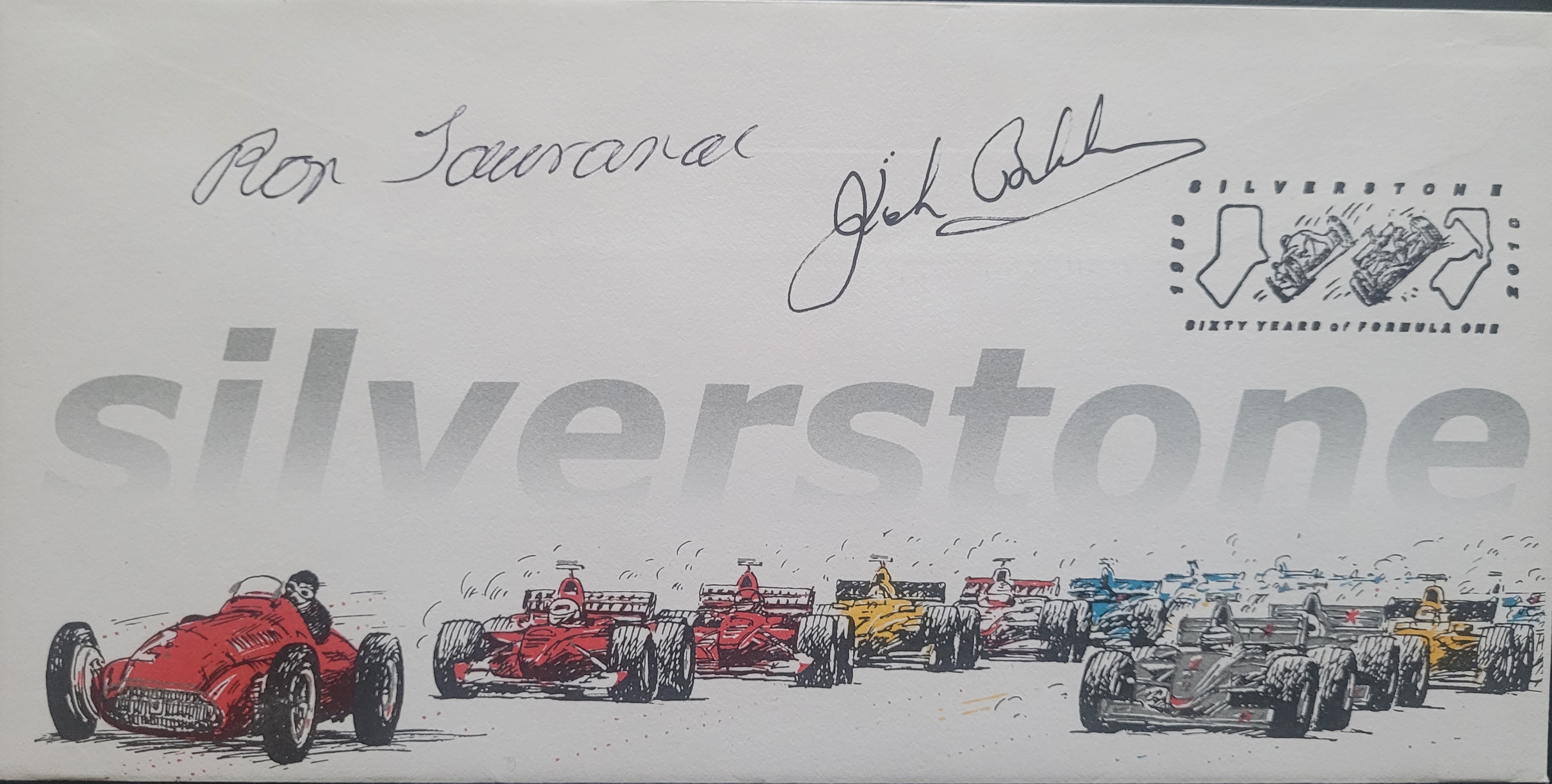2010 SILVERSTONE MOTOR RACING LTD EDITION POSTAL COVER AUTOGRAPHED BY JACK BRABHAM & RON TAURANAC
