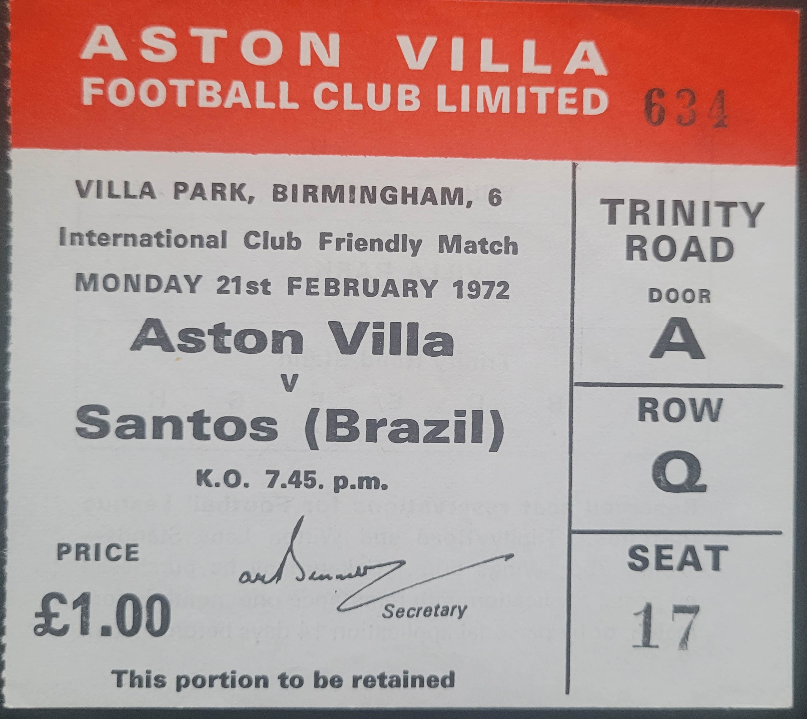 1972 ASTON VILLA V SANTOS ( PELE PLAYING ) FRIENDLY MATCH TICKET