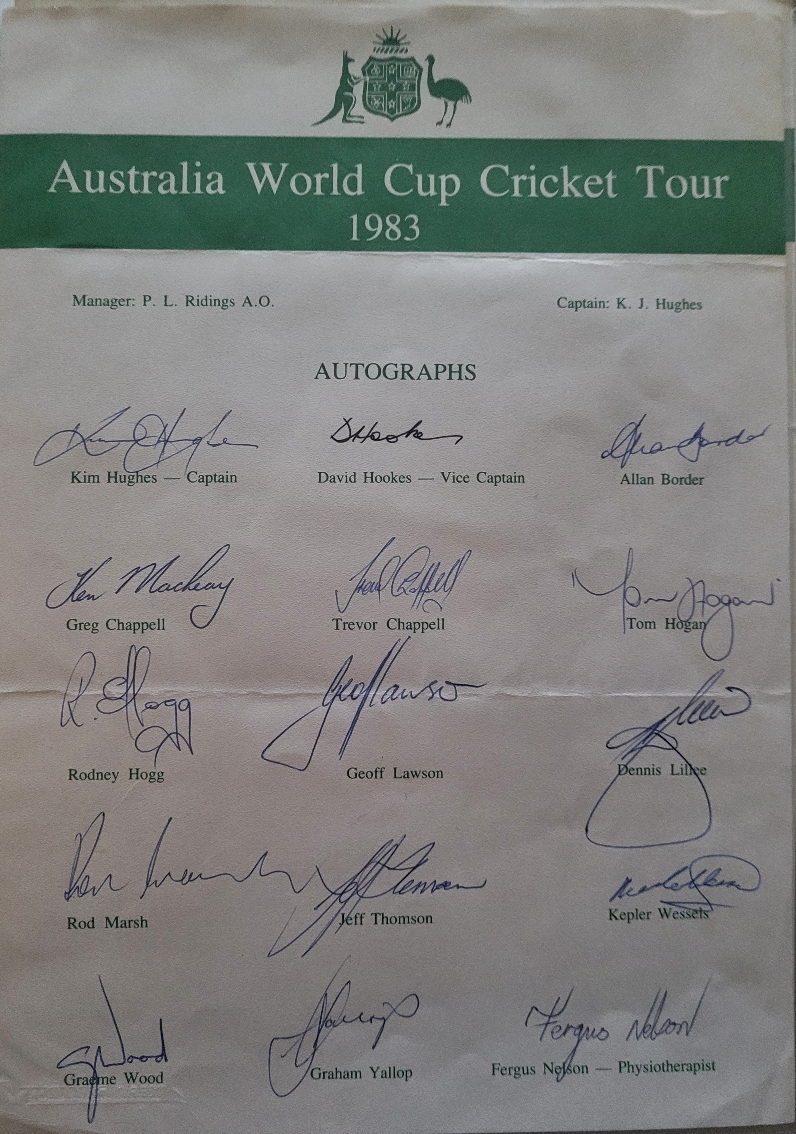 CRICKET AUSTRALIA 1983 WORLD CUP TOUR OFFICIAL AUTOGRAPH SHEET