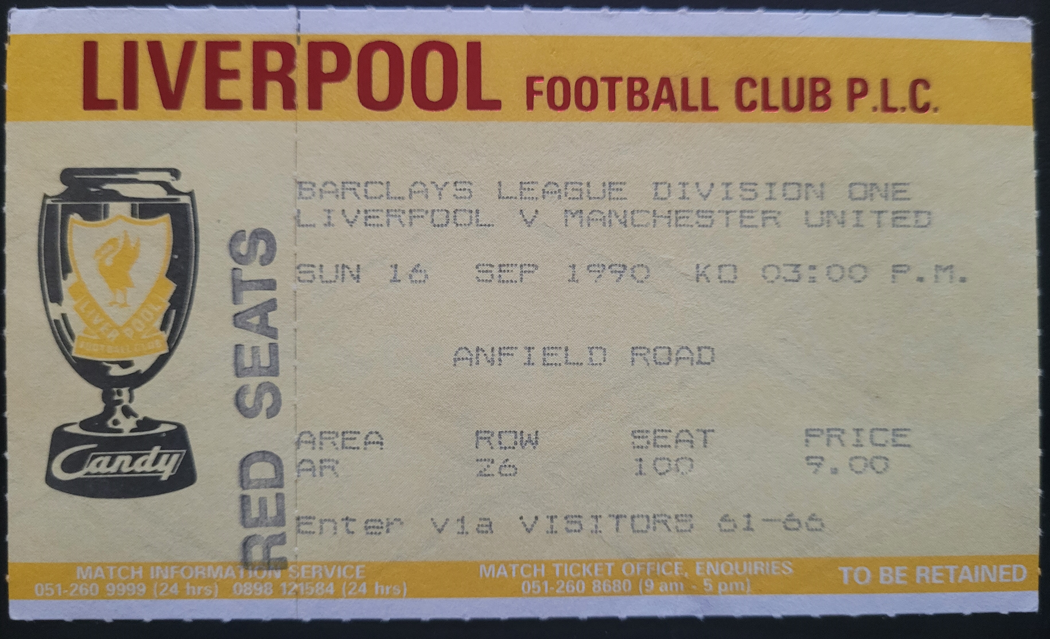 1990-91 LIVERPOOL V MANCHESTER UNITED TICKET