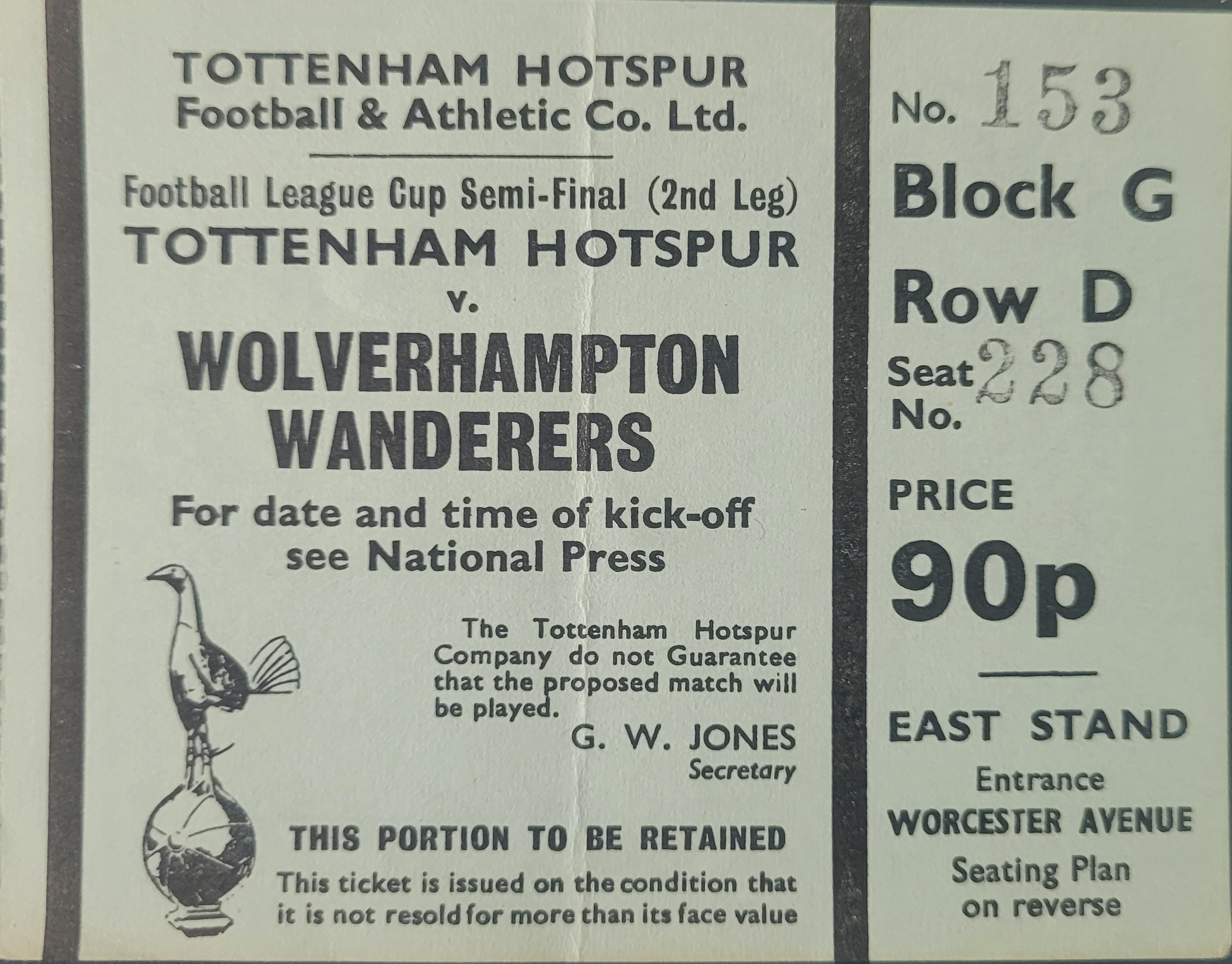 1972 TOTTENHAM HOTSPUR V WOLVERHAMPTON WANDERERS LEAGUE CUP S/F TICKET