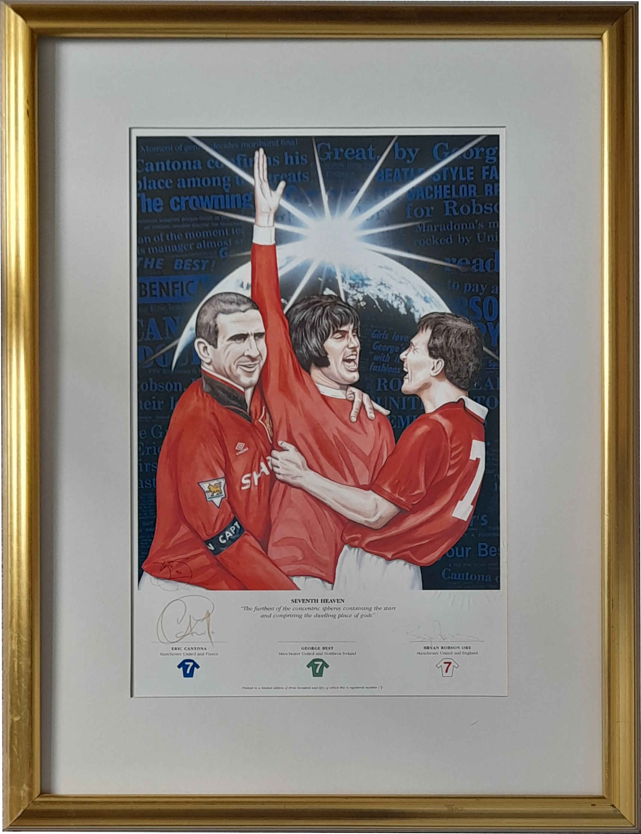 MANCHESTER UNITED SEVENTH HEAVEN LITHOGRAPH SIGNED BY ERIC CANTONA, GEORGE BEST & BRYAN ROBSON